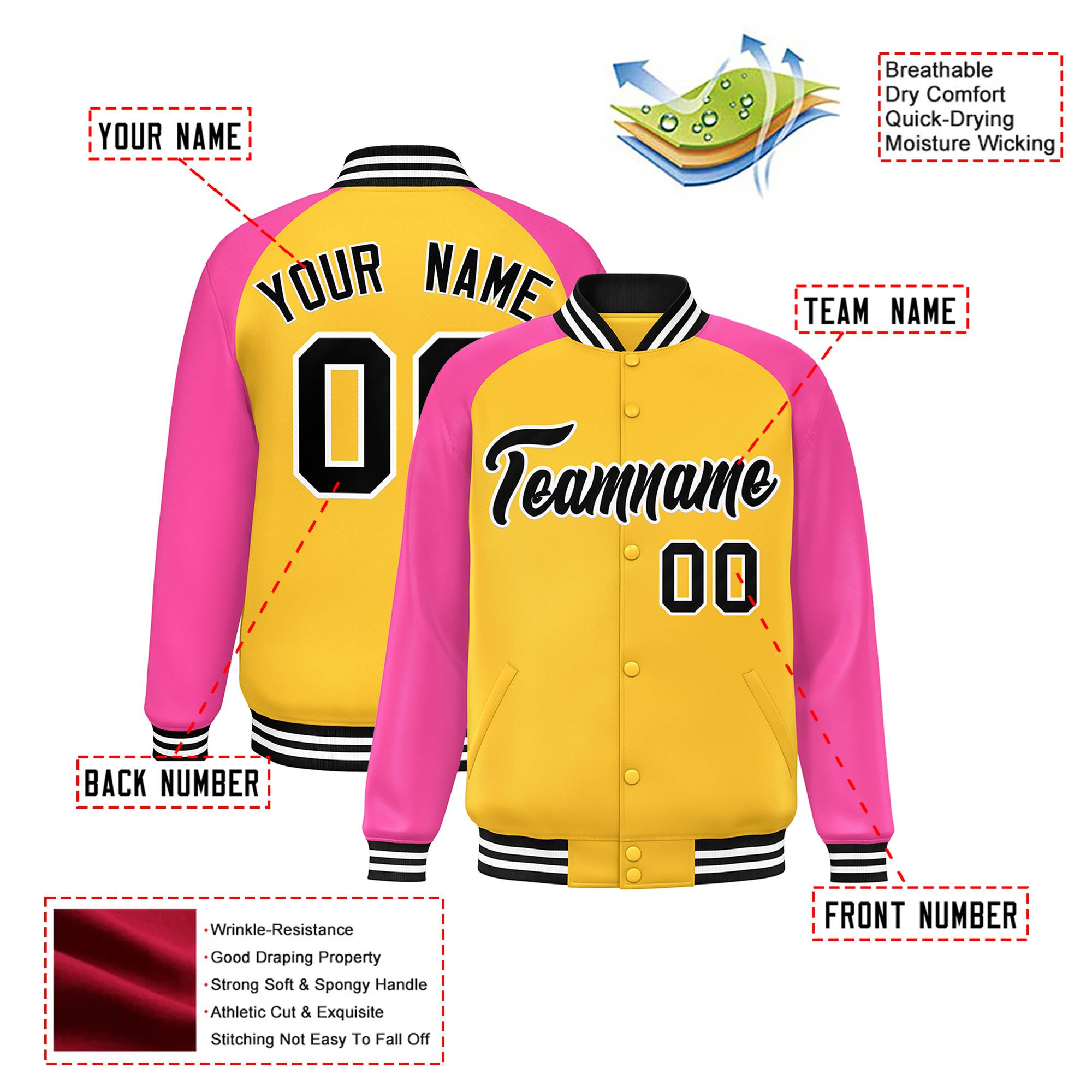 Custom Yellow Pink Black Bomber Raglan Sleeves Varsity Letterman Jacket