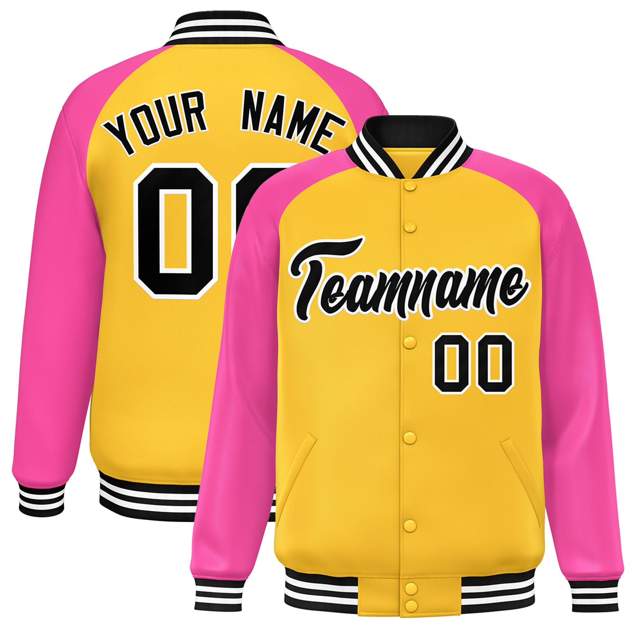 Custom Yellow Pink Black Bomber Raglan Sleeves Varsity Letterman Jacket