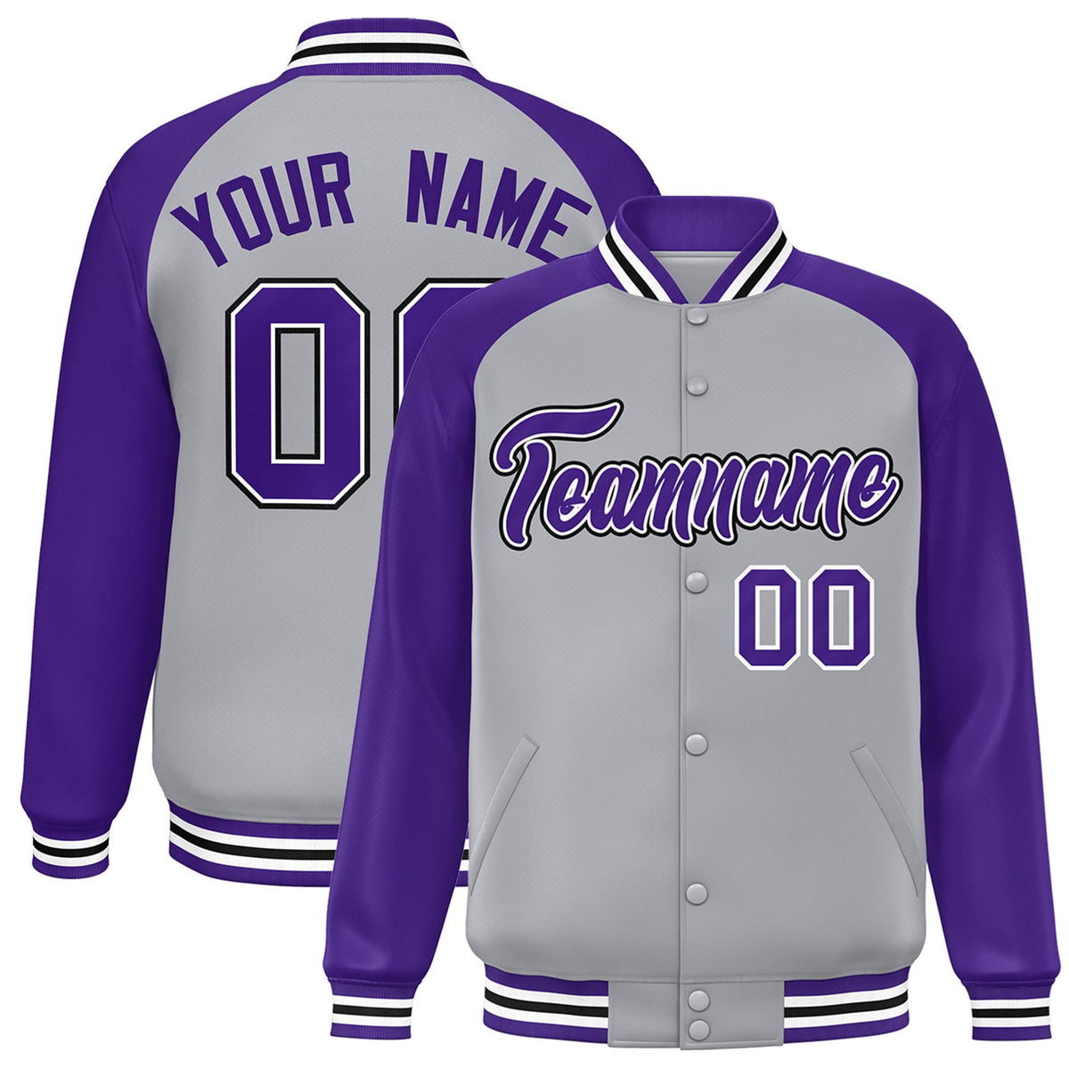 Custom Gray Purple White Bomber Raglan Sleeves Varsity Letterman Jacket