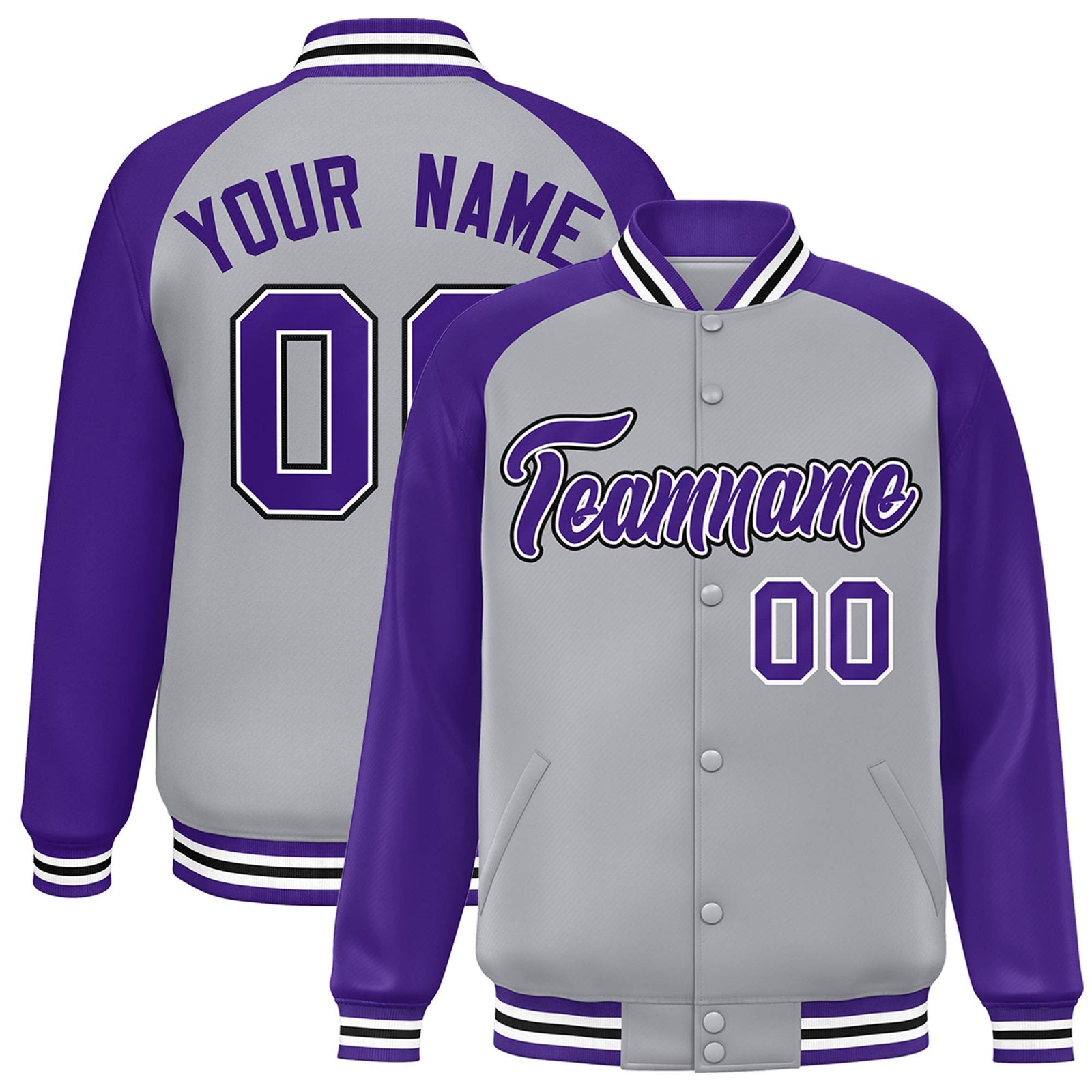 Custom Gray Purple White Bomber Raglan Sleeves Varsity Letterman Jacket