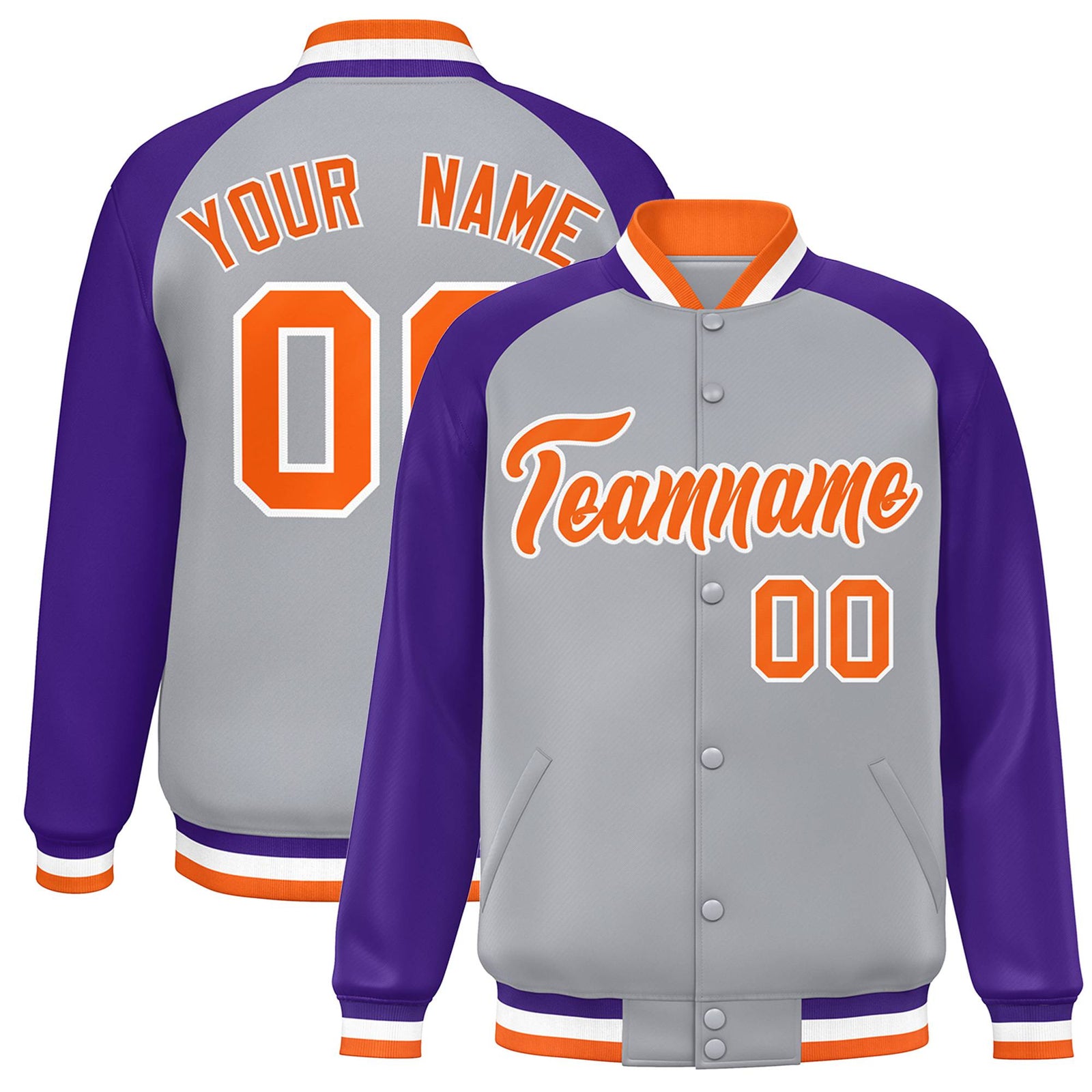 Custom Gray Purple Orange Bomber Raglan Sleeves Varsity Letterman Jacket