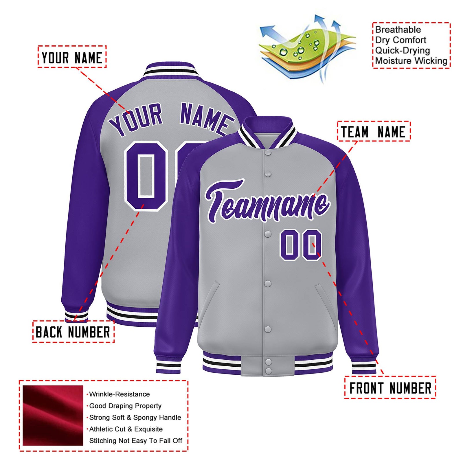 Custom Gray Purple White Bomber Raglan Sleeves Varsity Letterman Jacket