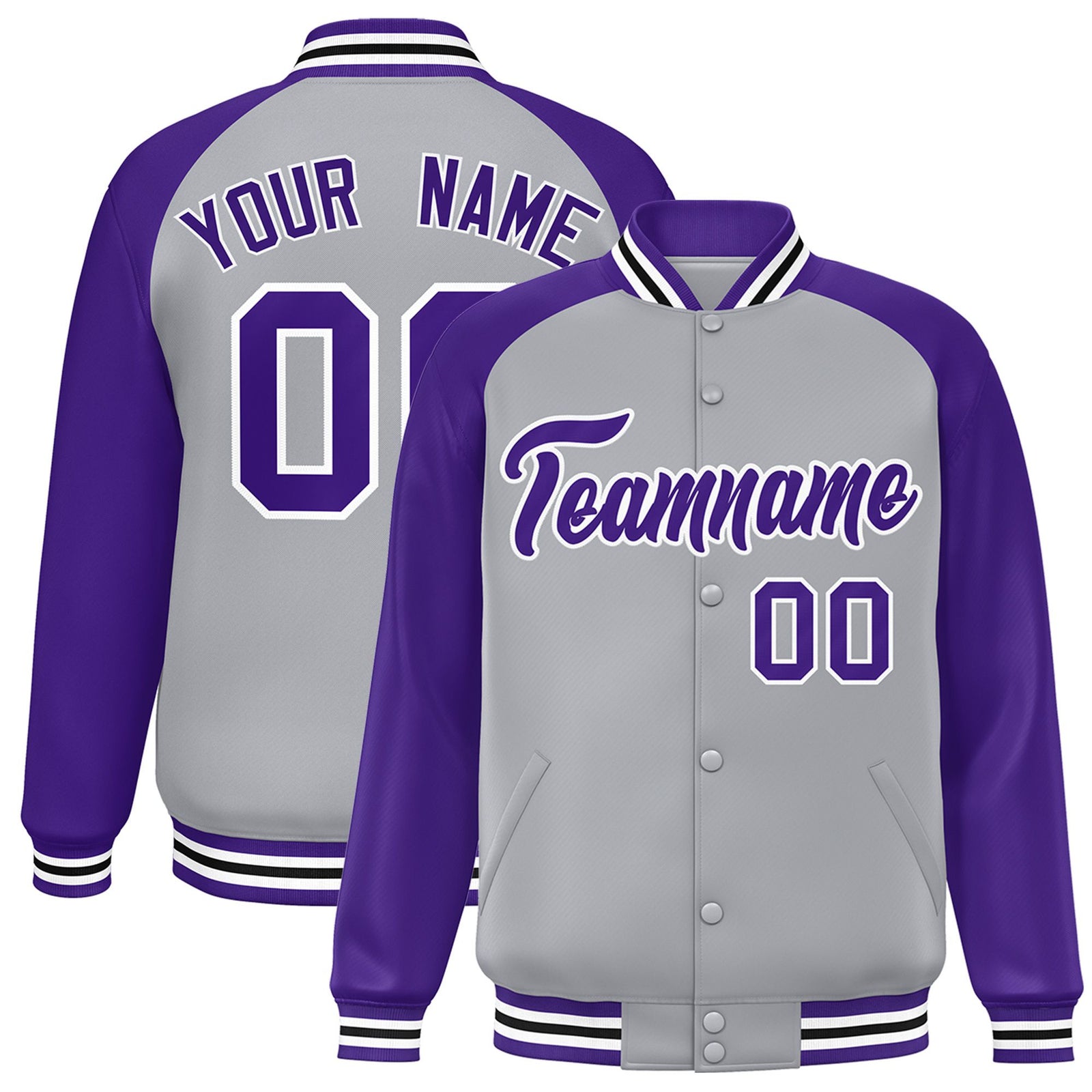 Custom Gray Purple White Bomber Raglan Sleeves Varsity Letterman Jacket