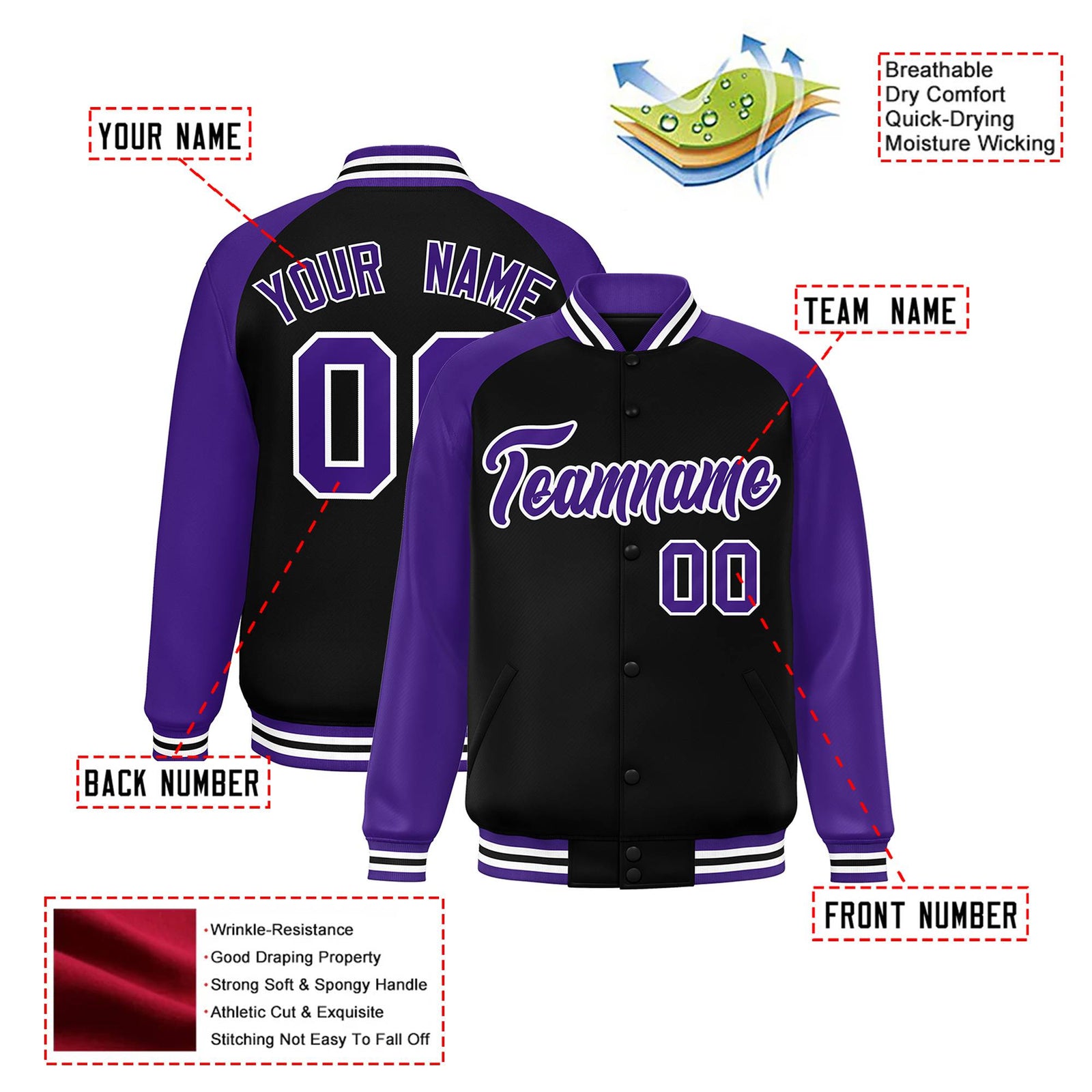 Custom Black Purple White Bomber Raglan Sleeves Varsity Letterman Jacket