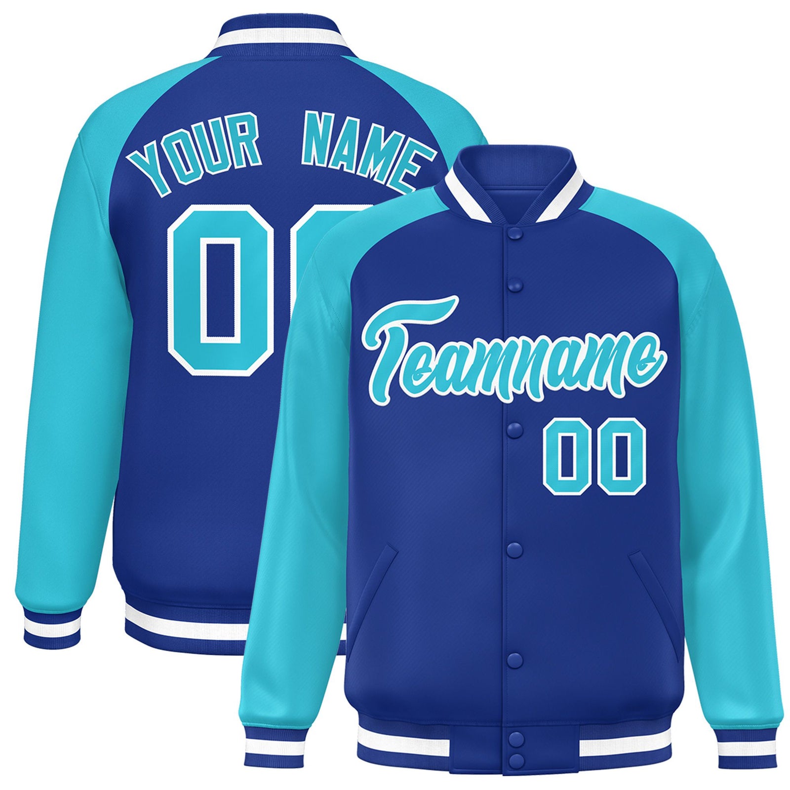 Custom Thunder-Blue Aqua-White Bomber Raglan Sleeves Varsity Letterman Jacket