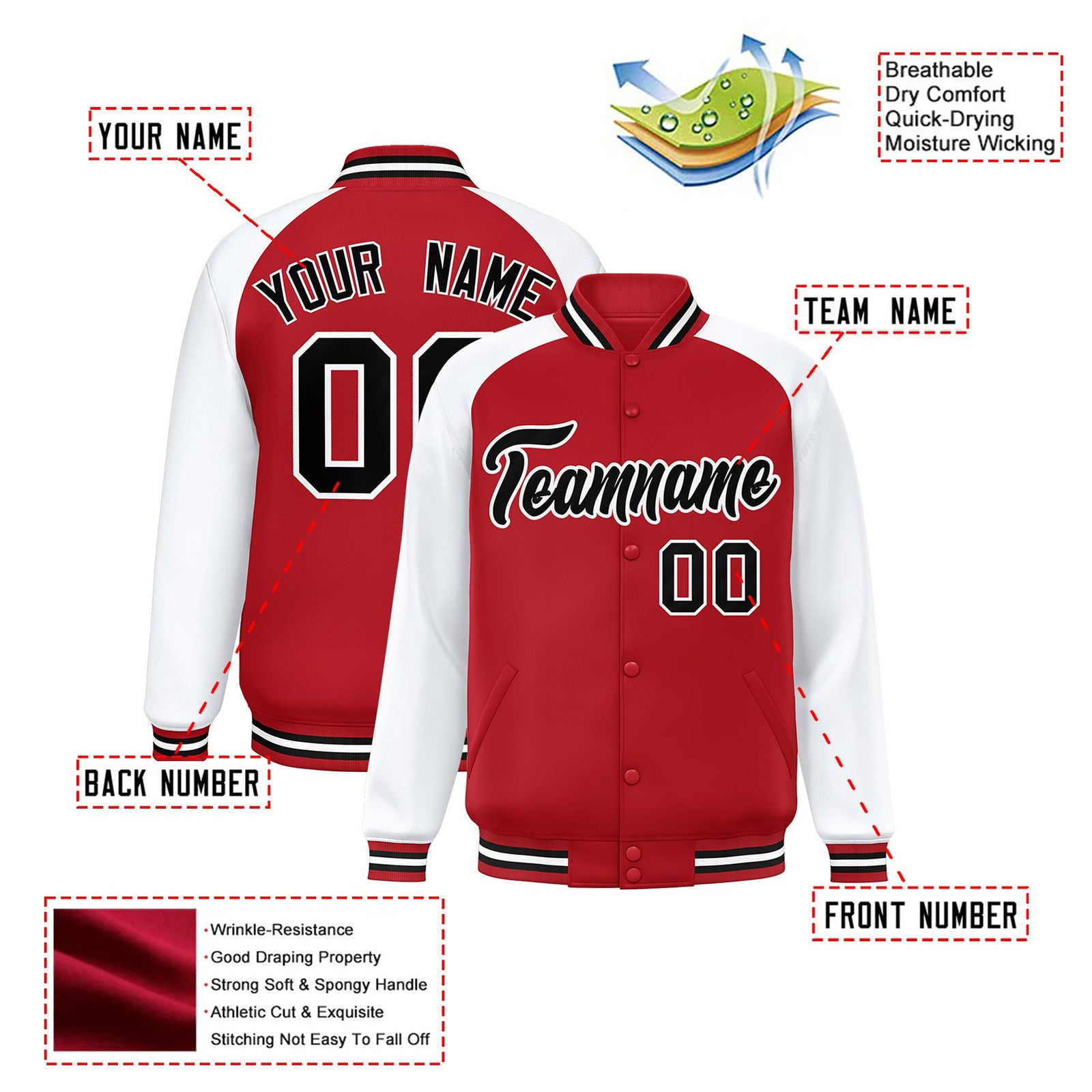 Custom Royal-Red White-Black Bomber Raglan Sleeves Varsity Letterman Jacket