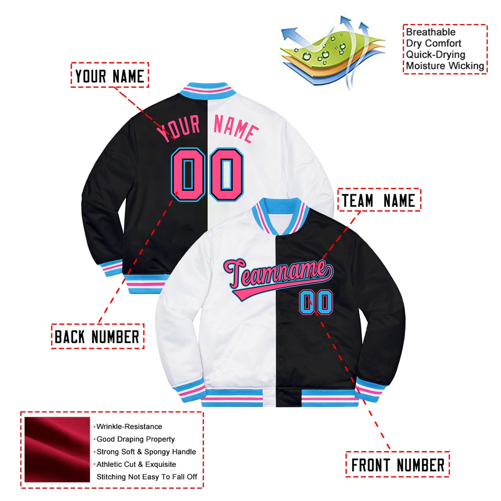 Custom White Pink-Blue Bomber Full-Snap Varsity Letterman Split Fashion Jacket