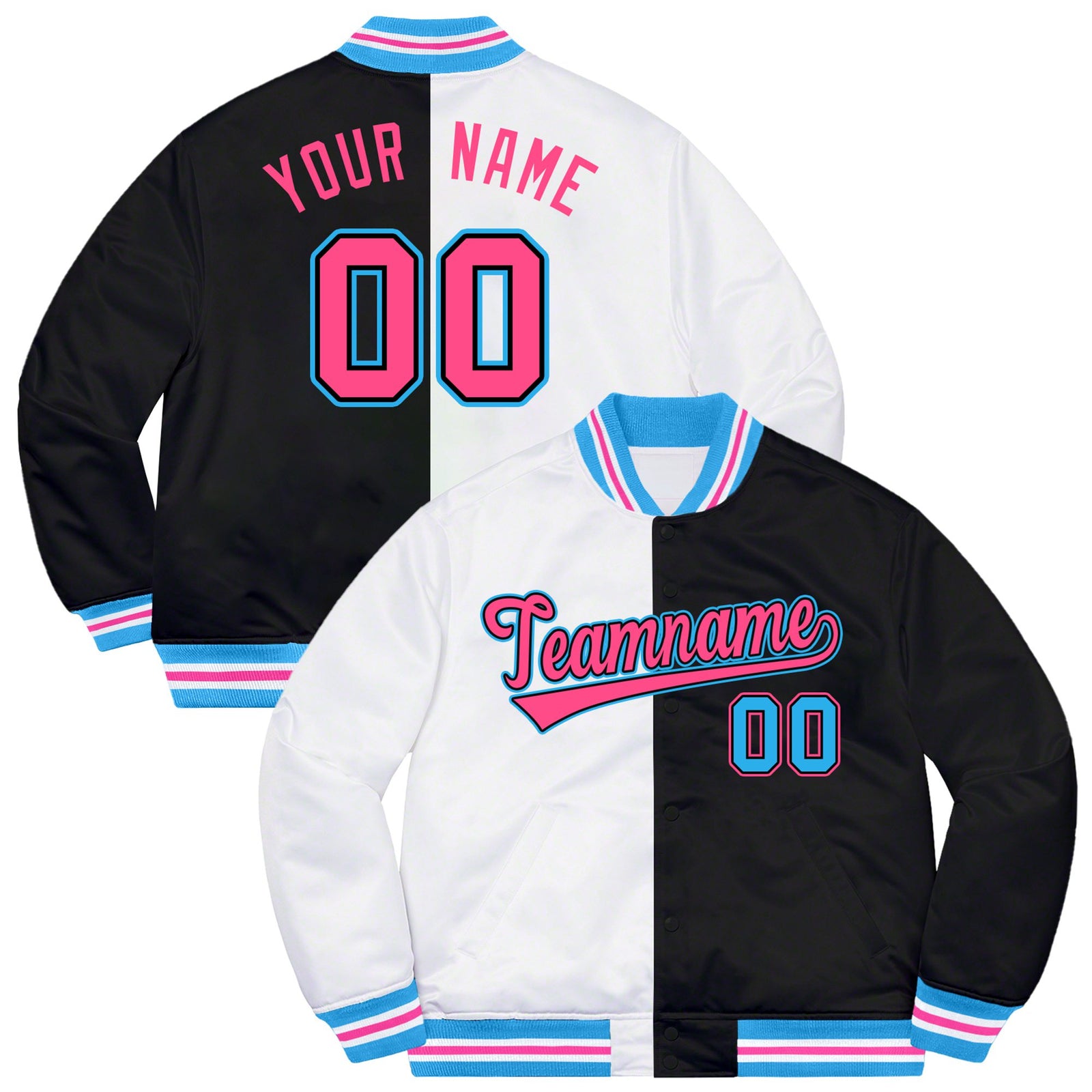 Custom White Pink-Blue Bomber Full-Snap Varsity Letterman Split Fashion Jacket