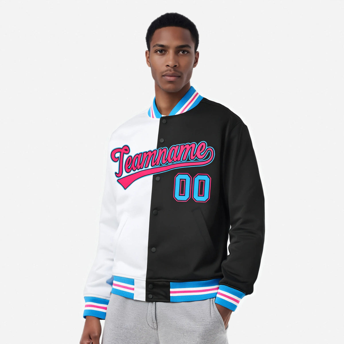 Custom White Pink-Blue Bomber Full-Snap Varsity Letterman Split Fashion Jacket