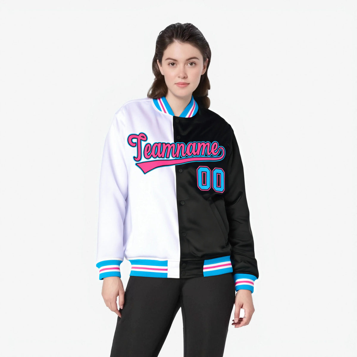 Custom White Pink-Blue Bomber Full-Snap Varsity Letterman Split Fashion Jacket