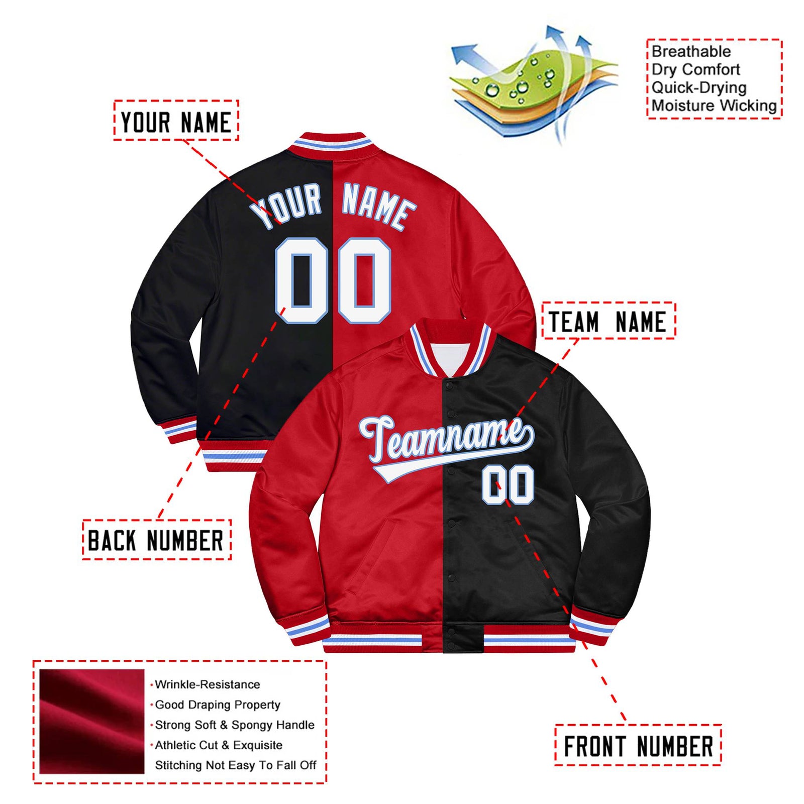 Custom Red Black White Bomber Full-Snap Varsity Letterman Split Fashion Jacket