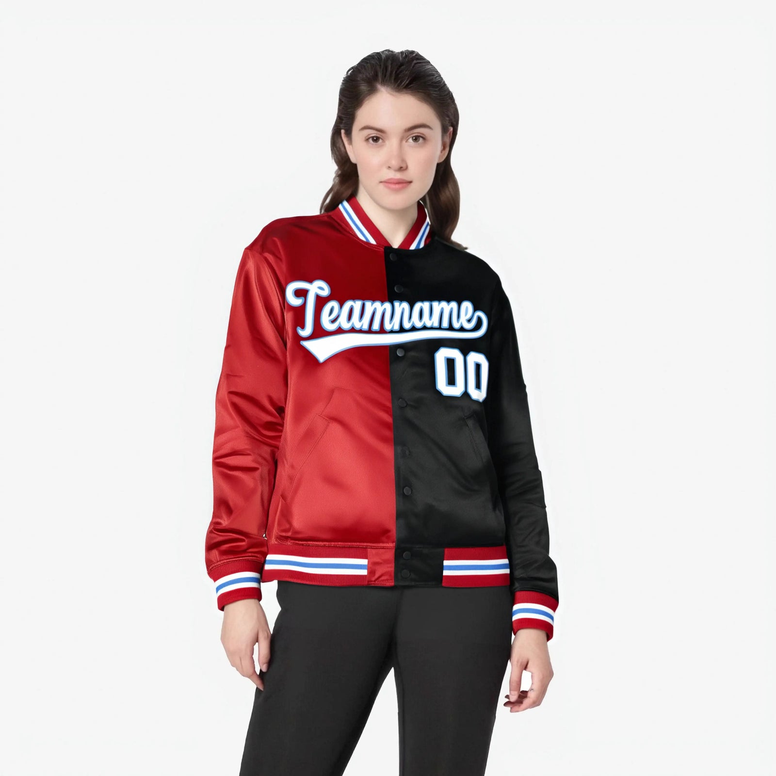 Custom Red Black White Bomber Full-Snap Varsity Letterman Split Fashion Jacket
