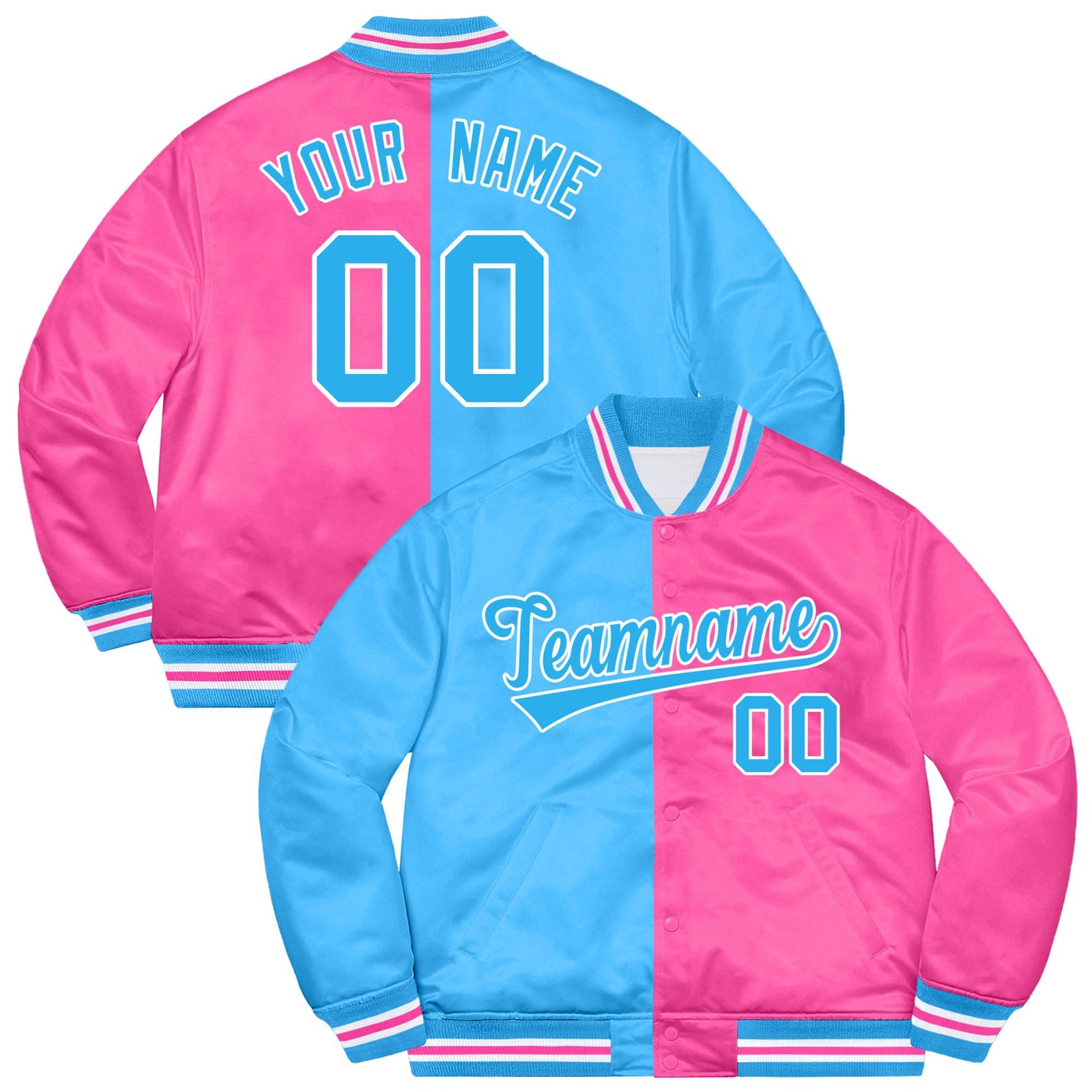 Custom Light-Blue White Pink Bomber Full-Snap Varsity Letterman Split Fashion Jacket