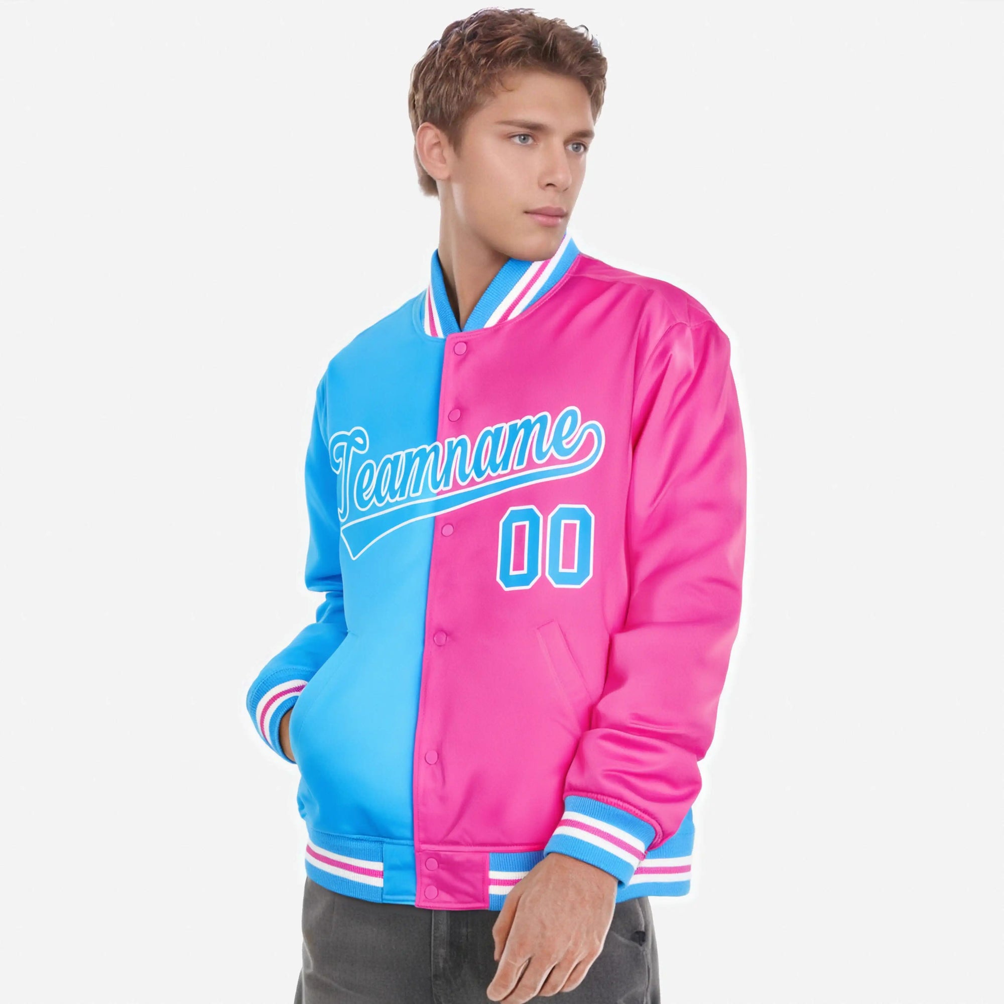 Custom Light-Blue White Pink Bomber Full-Snap Varsity Letterman Split Fashion Jacket