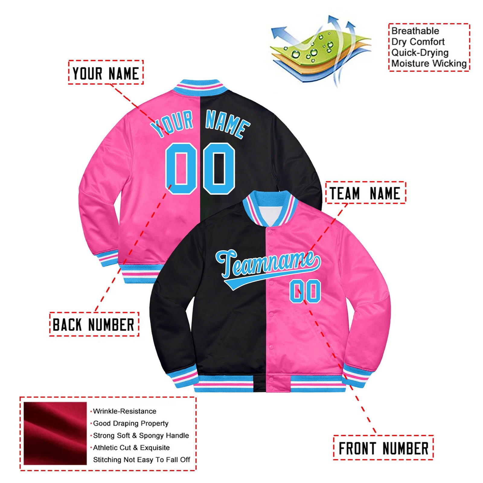 Custom Black Light-Blue Pink Bomber Full-Snap Varsity Letterman Split Fashion Jacket
