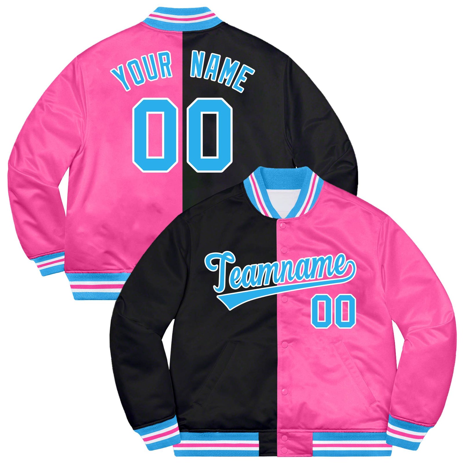 Custom Black Light-Blue Pink Bomber Full-Snap Varsity Letterman Split Fashion Jacket