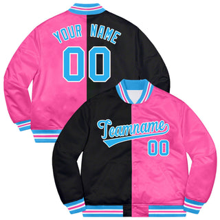 Custom Black Light Blue Pink Bomber Full-Snap Varsity Letterman Split Fashion Jacket