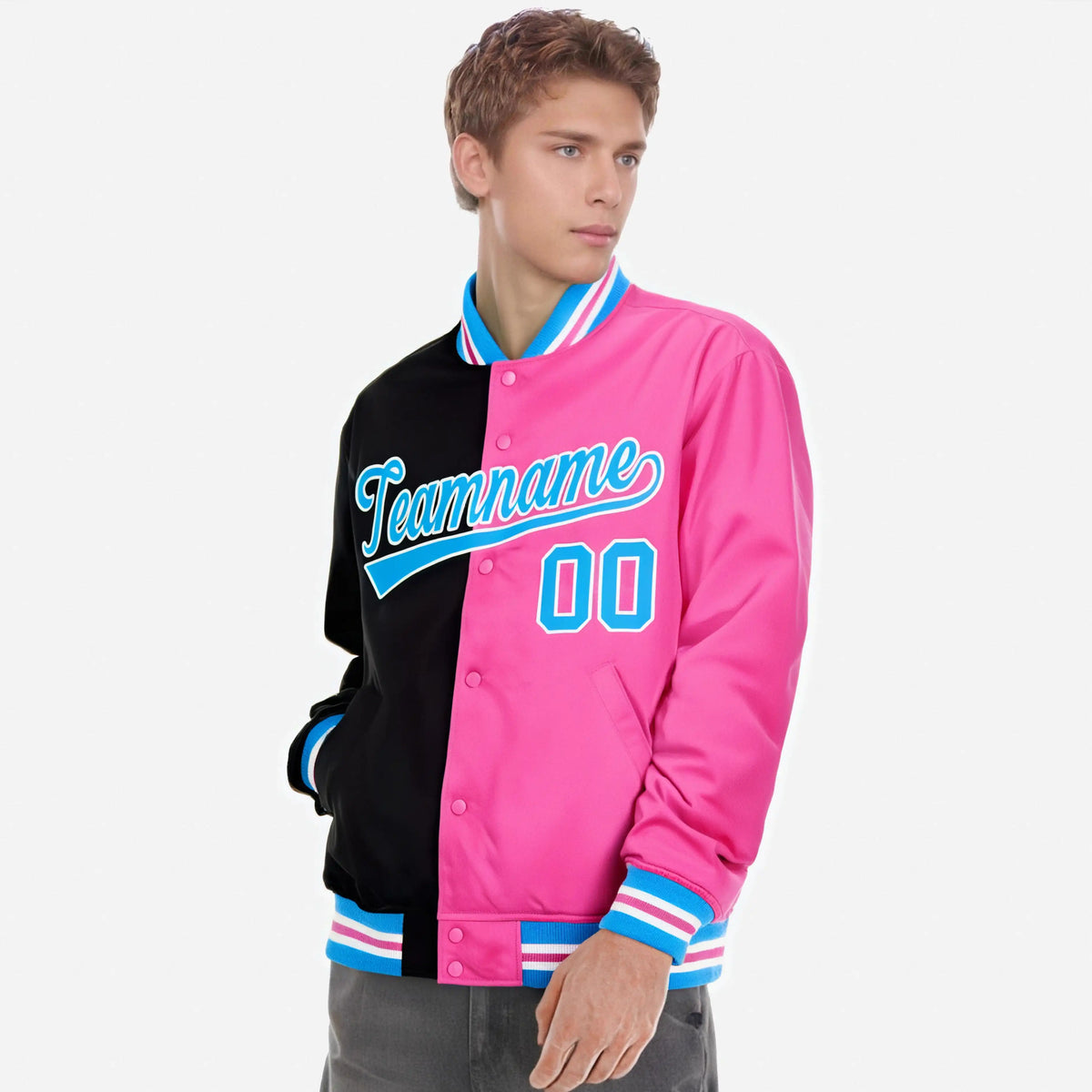 Custom Black Light-Blue Pink Bomber Full-Snap Varsity Letterman Split Fashion Jacket