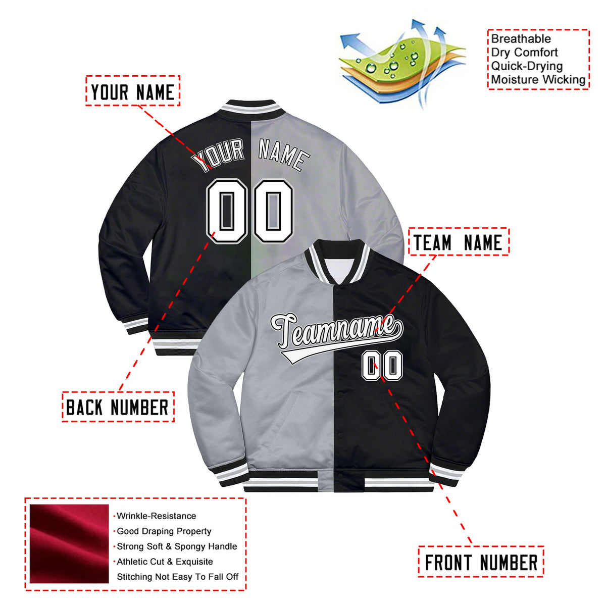 Custom Gray White Black Bomber Full-Snap Varsity Letterman Split Fashion Jacket