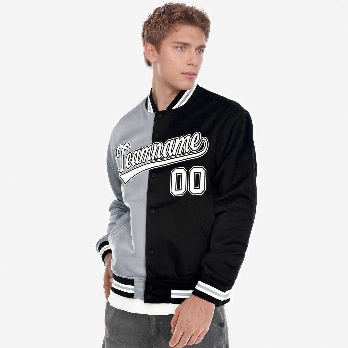 Custom Gray White Black Bomber Full-Snap Varsity Letterman Split Fashion Jacket