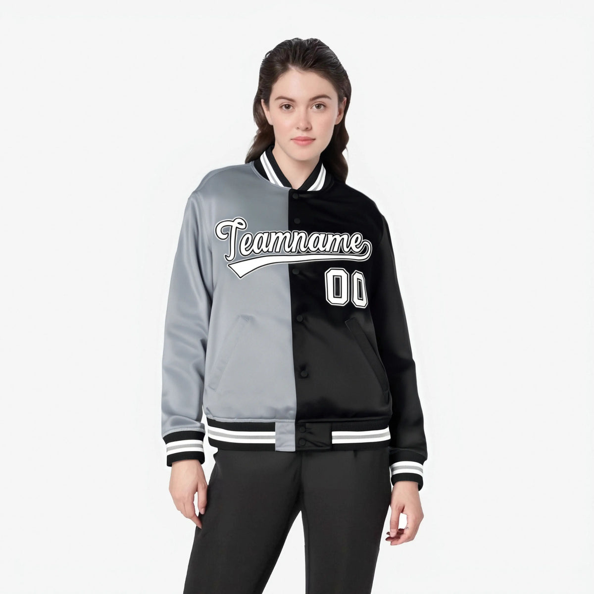 Custom Gray White Black Bomber Full-Snap Varsity Letterman Split Fashion Jacket