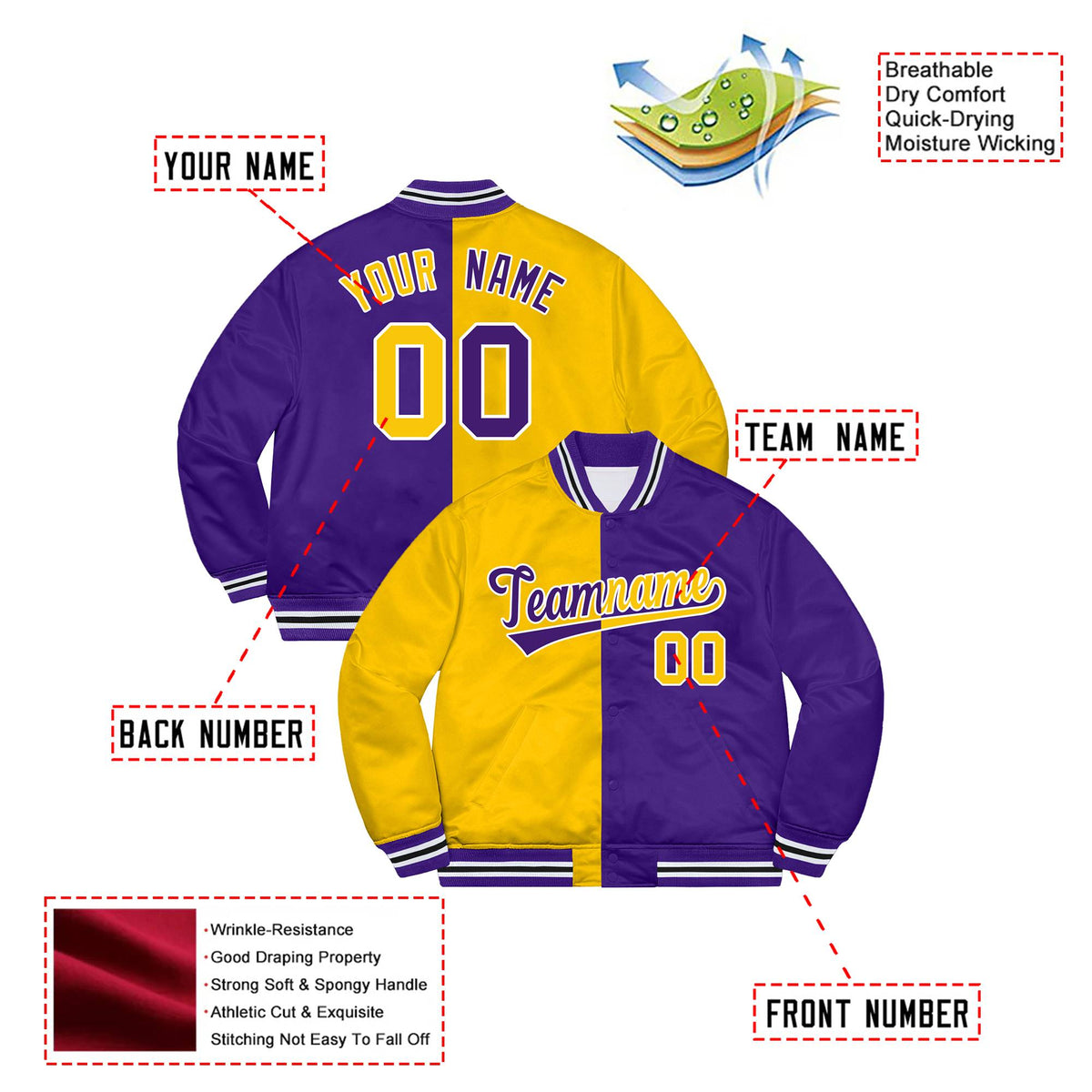 Custom Yellow White Purple Bomber Full-Snap Varsity Letterman Split Fashion Jacket