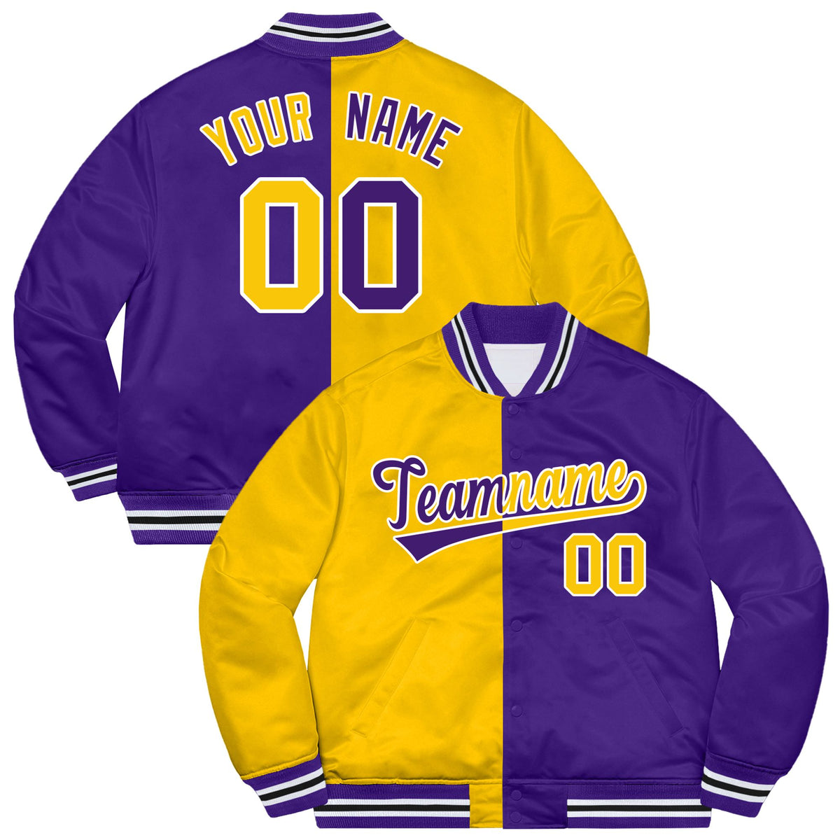 Custom Yellow White Purple Bomber Full-Snap Varsity Letterman Split Fashion Jacket