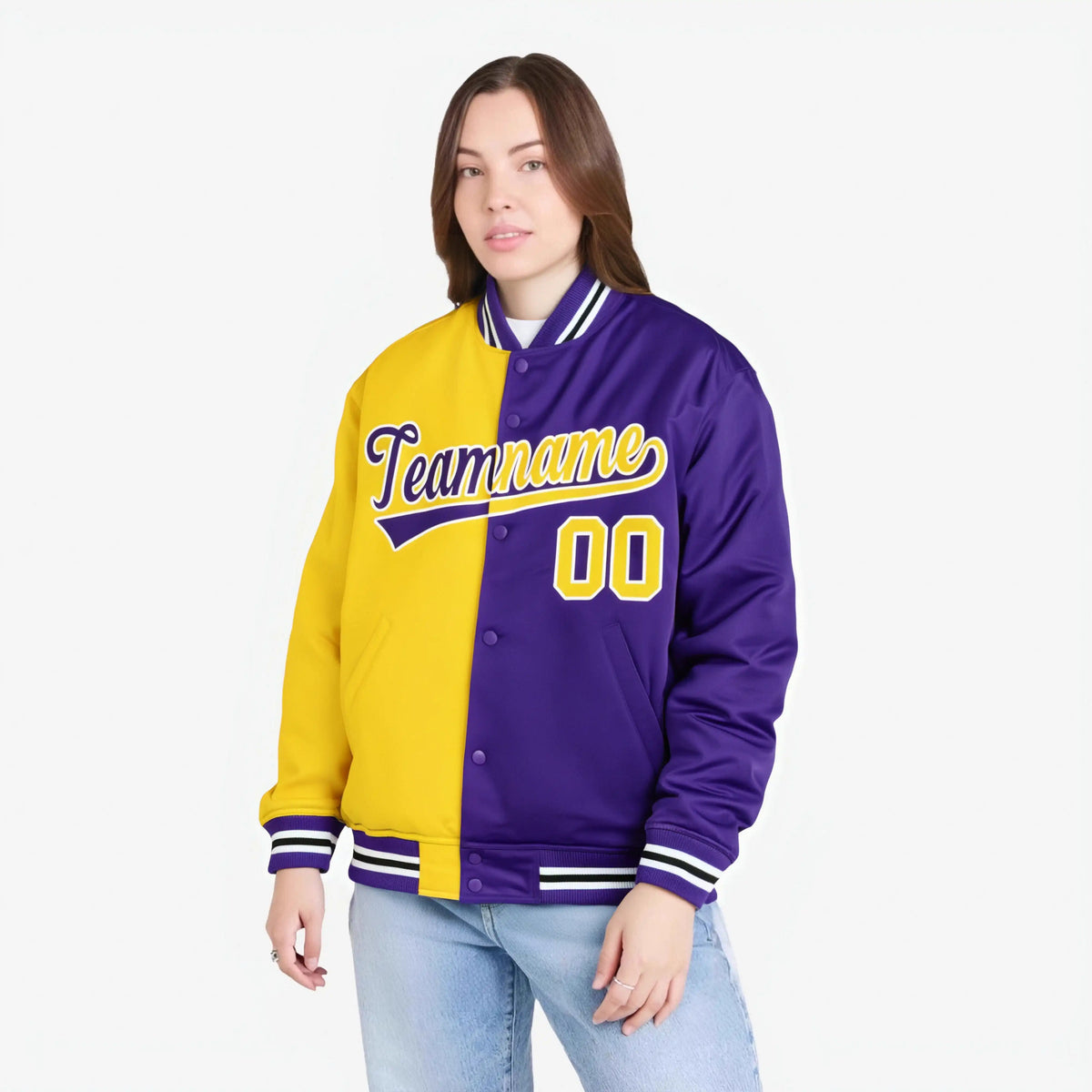 Custom Yellow White Purple Bomber Full-Snap Varsity Letterman Split Fashion Jacket