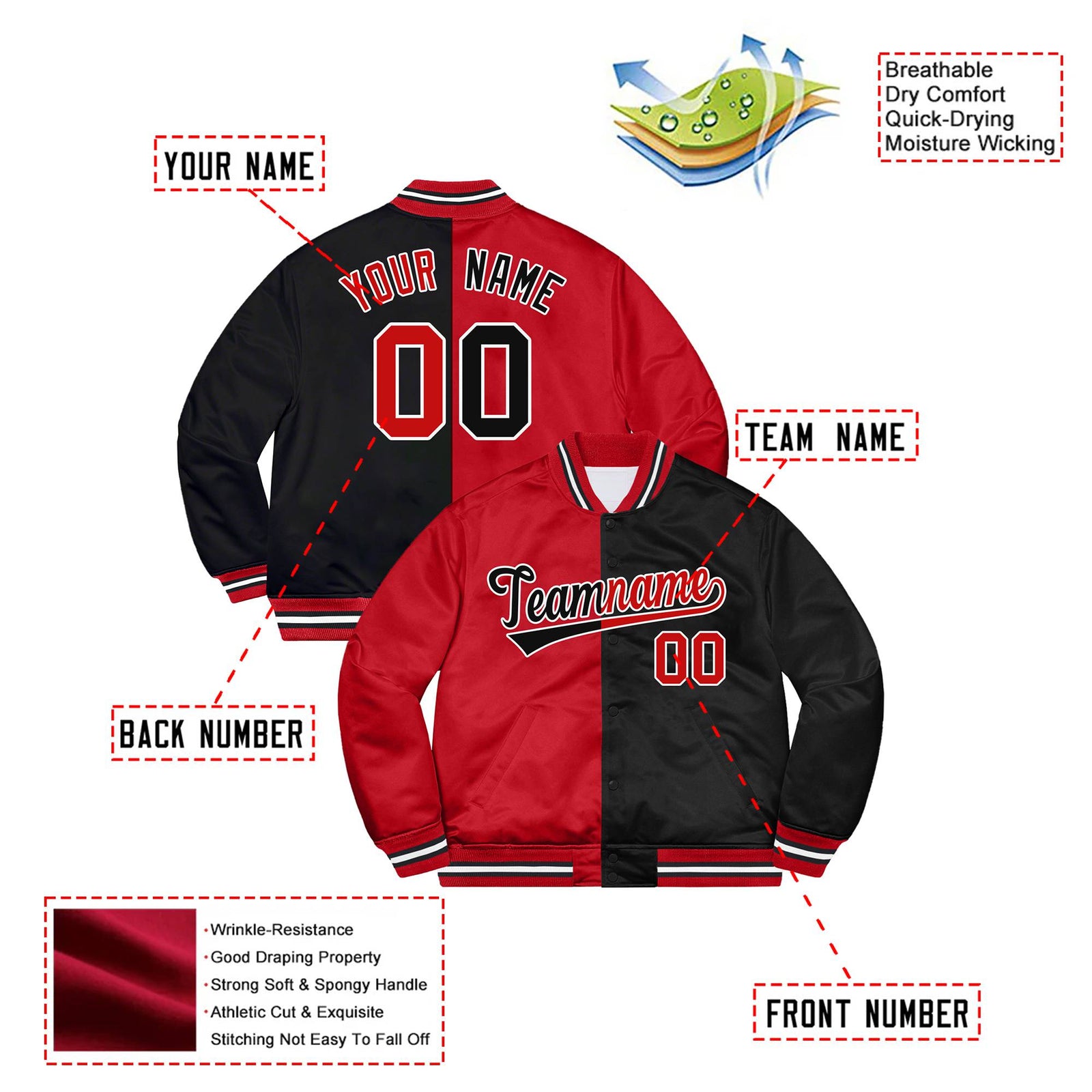 Custom Red White Black Bomber Full-Snap Varsity Letterman Split Fashion Jacket