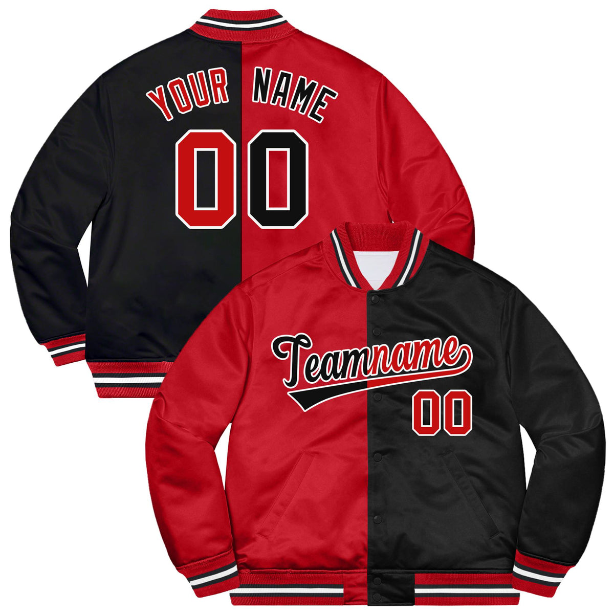 Custom Red White Black Bomber Full-Snap Varsity Letterman Split Fashion Jacket