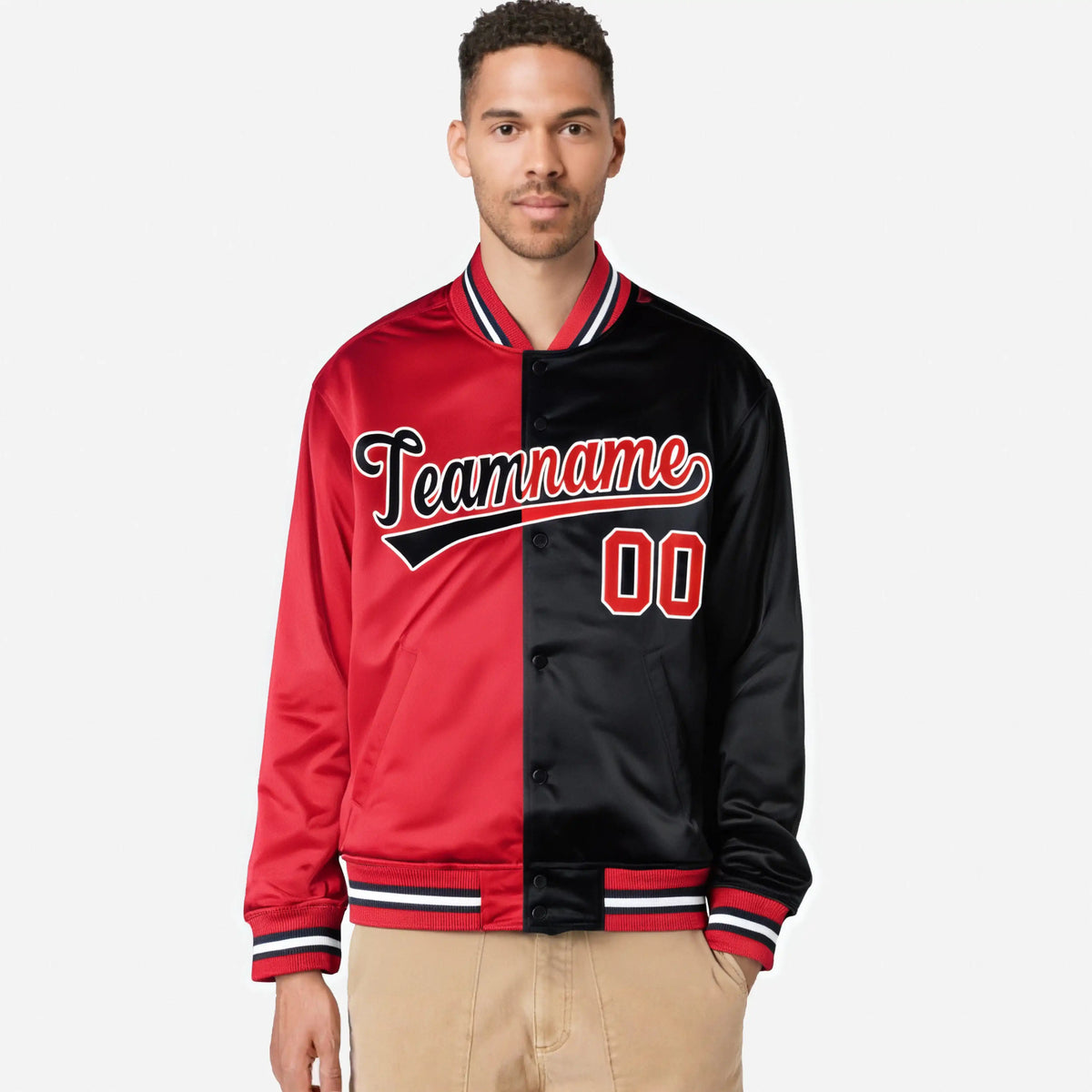 Custom Red White Black Bomber Full-Snap Varsity Letterman Split Fashion Jacket