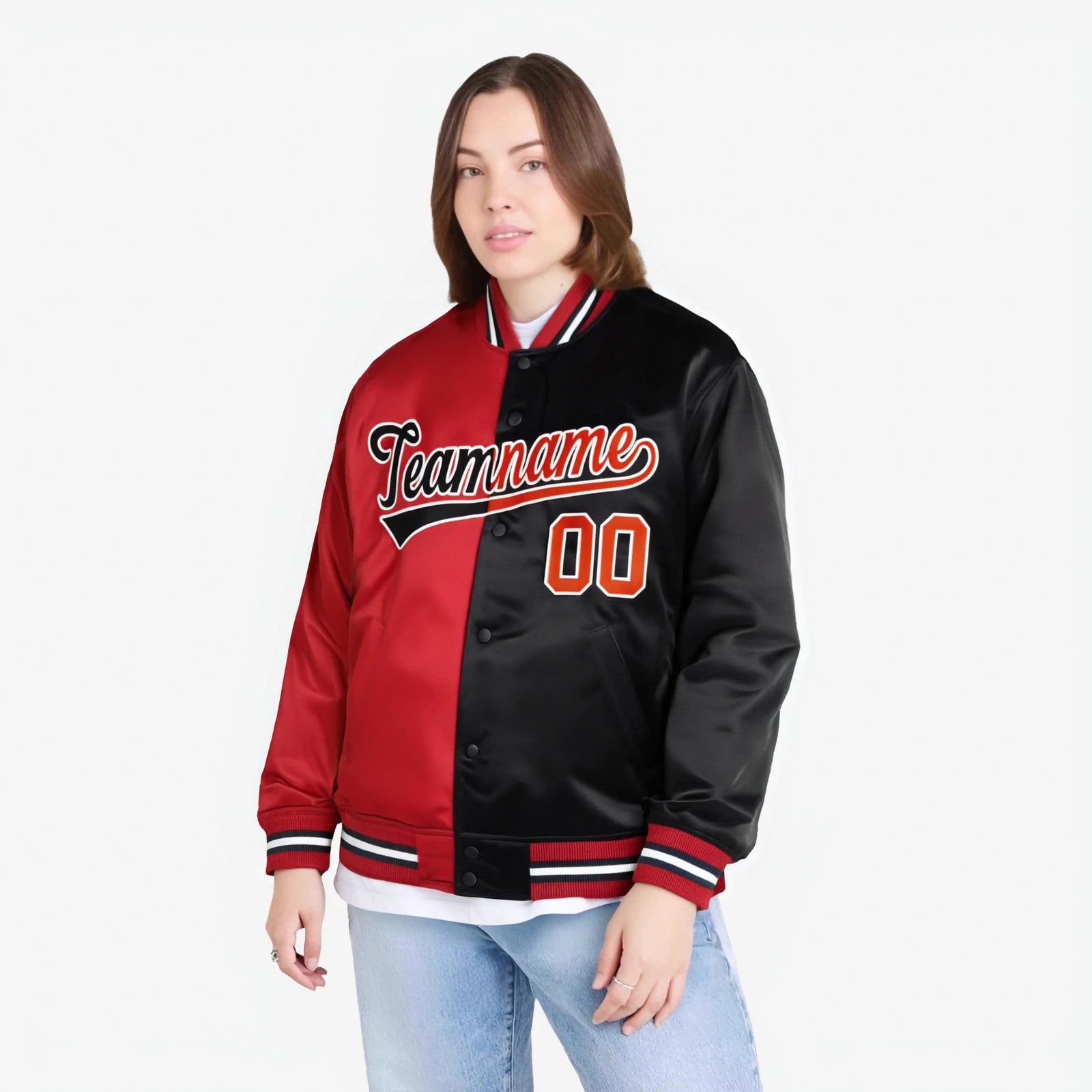 Custom Red White Black Bomber Full-Snap Varsity Letterman Split Fashion Jacket