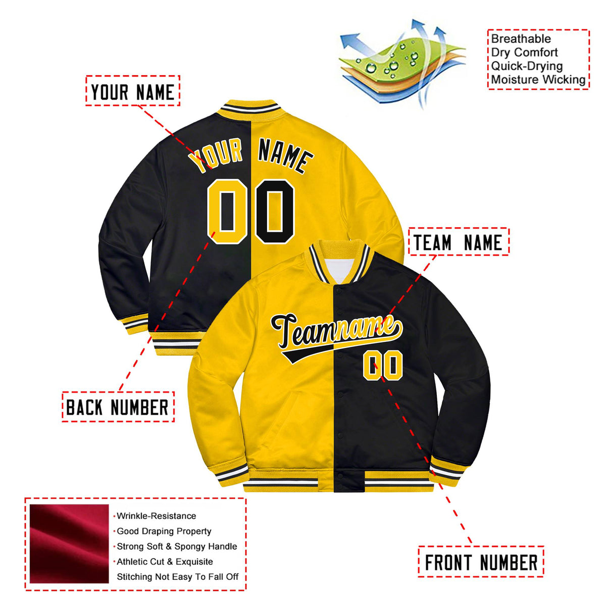 Custom Yellow White Black Bomber Full-Snap Varsity Letterman Split Fashion Jacket