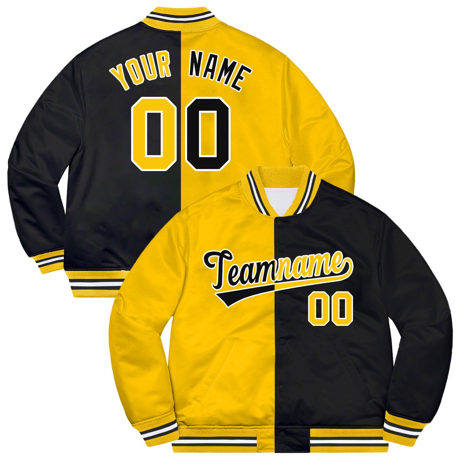 Custom Yellow White Black Bomber Full-Snap Varsity Letterman Split Fashion Jacket