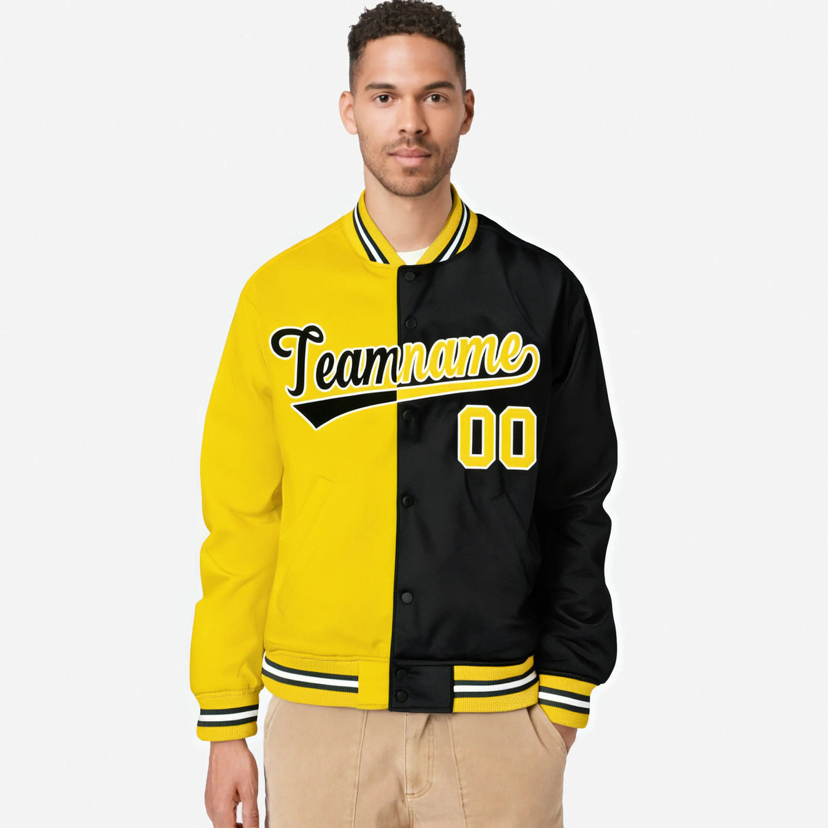 Custom Yellow White Black Bomber Full-Snap Varsity Letterman Split Fashion Jacket