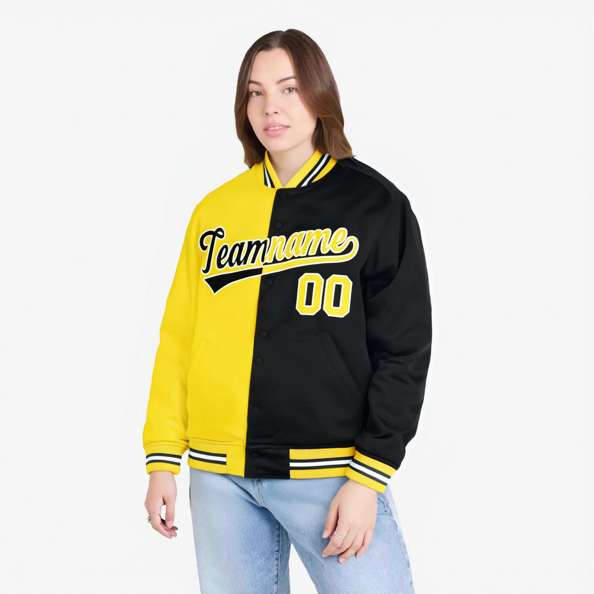 Custom Yellow White Black Bomber Full-Snap Varsity Letterman Split Fashion Jacket