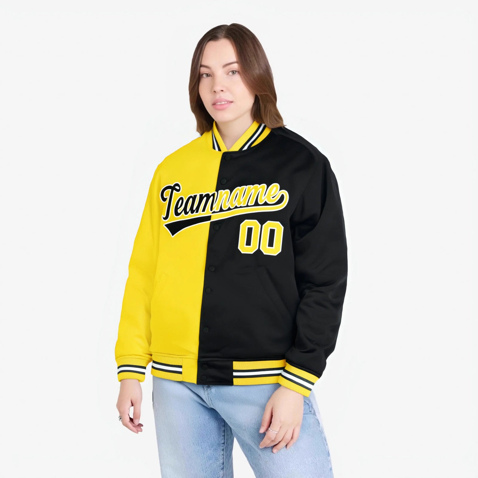 Custom Yellow White Black Bomber Full-Snap Varsity Letterman Split Fashion Jacket