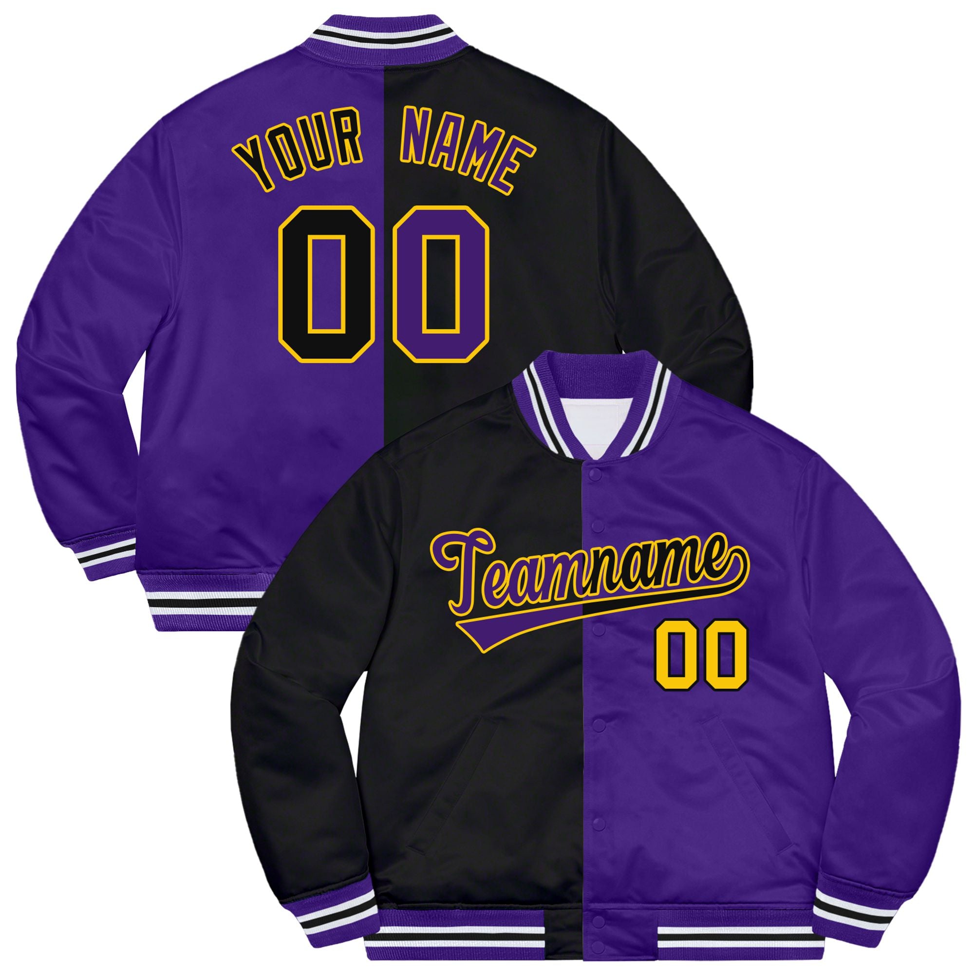 Custom Black Purple Yellow Bomber Full-Snap Varsity Letterman Split Fashion Jacket