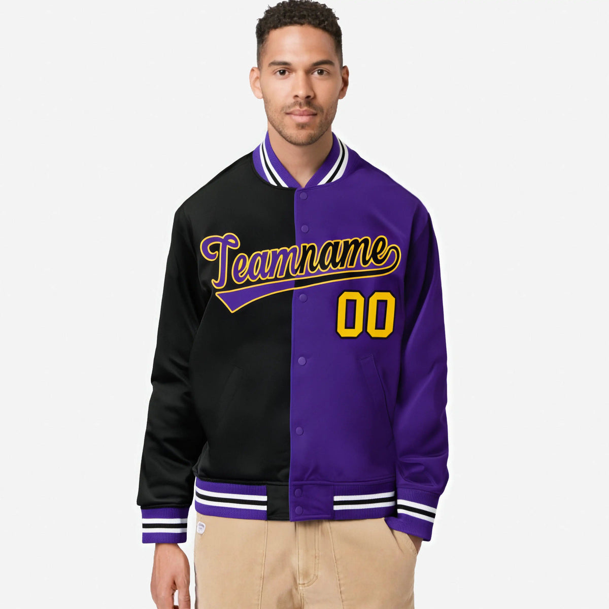 Custom Black Purple Yellow Bomber Full-Snap Varsity Letterman Split Fashion Jacket