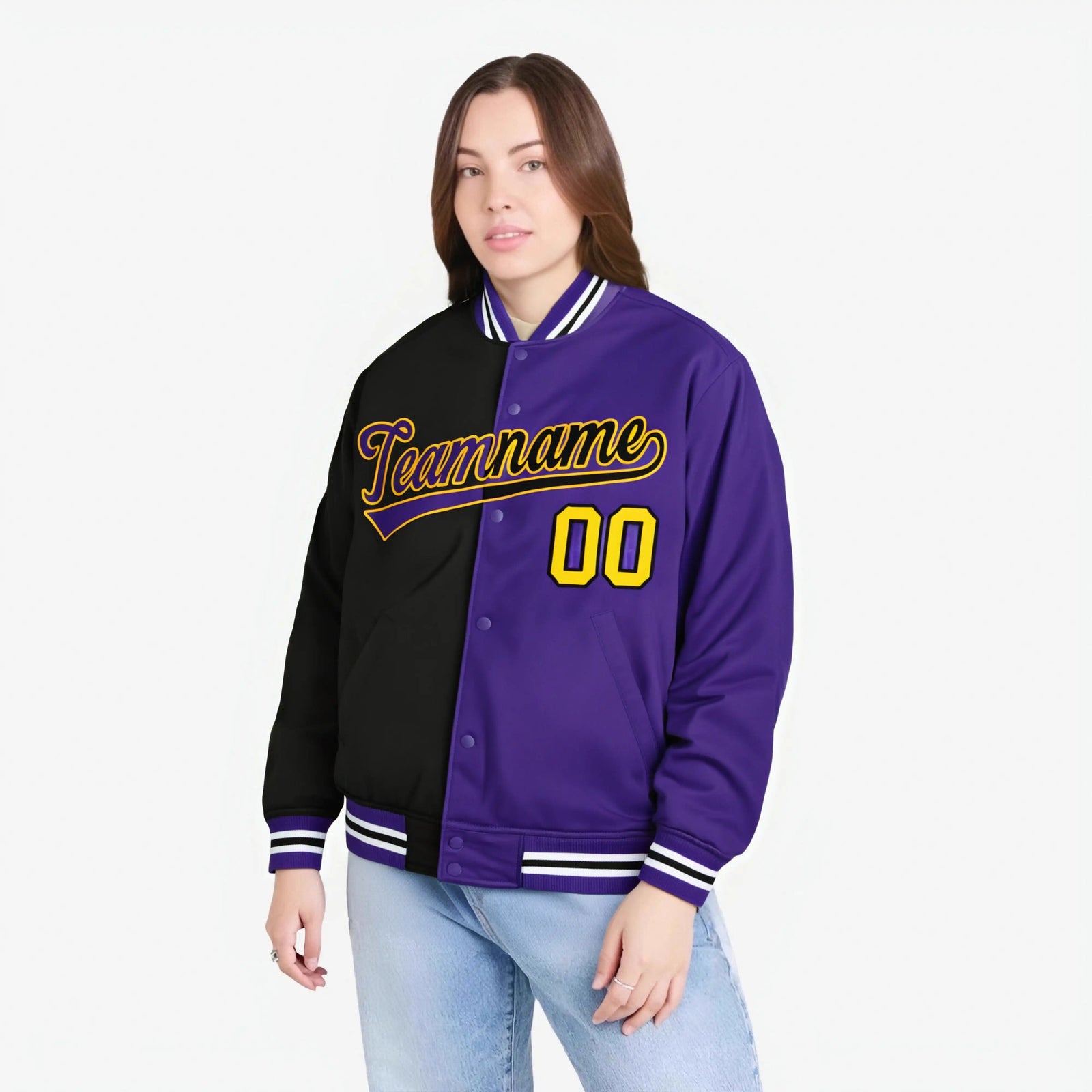 Custom Black Purple Yellow Bomber Full-Snap Varsity Letterman Split Fashion Jacket
