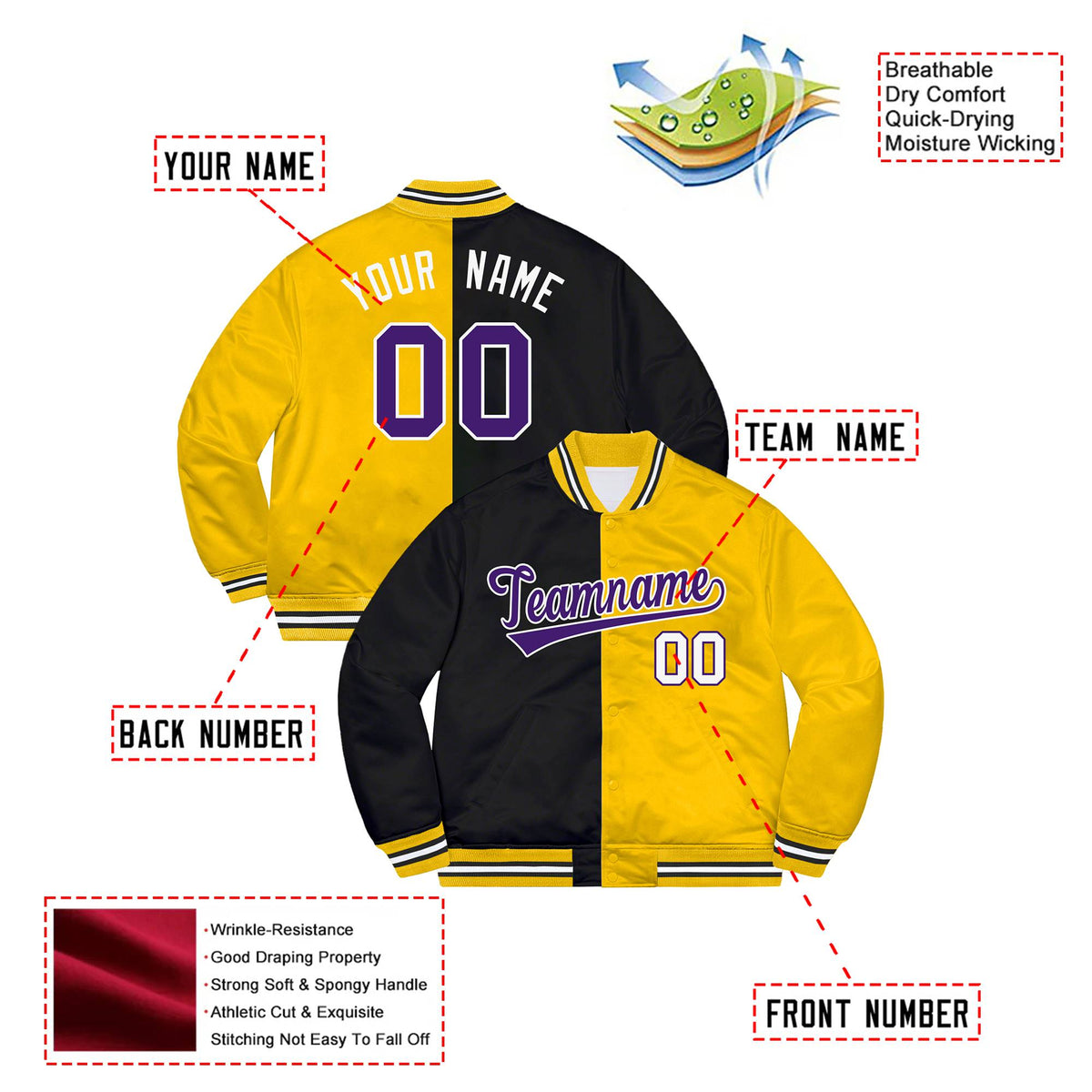 Custom Black Purple Yellow Bomber Full-Snap Varsity Letterman Split Fashion Jacket
