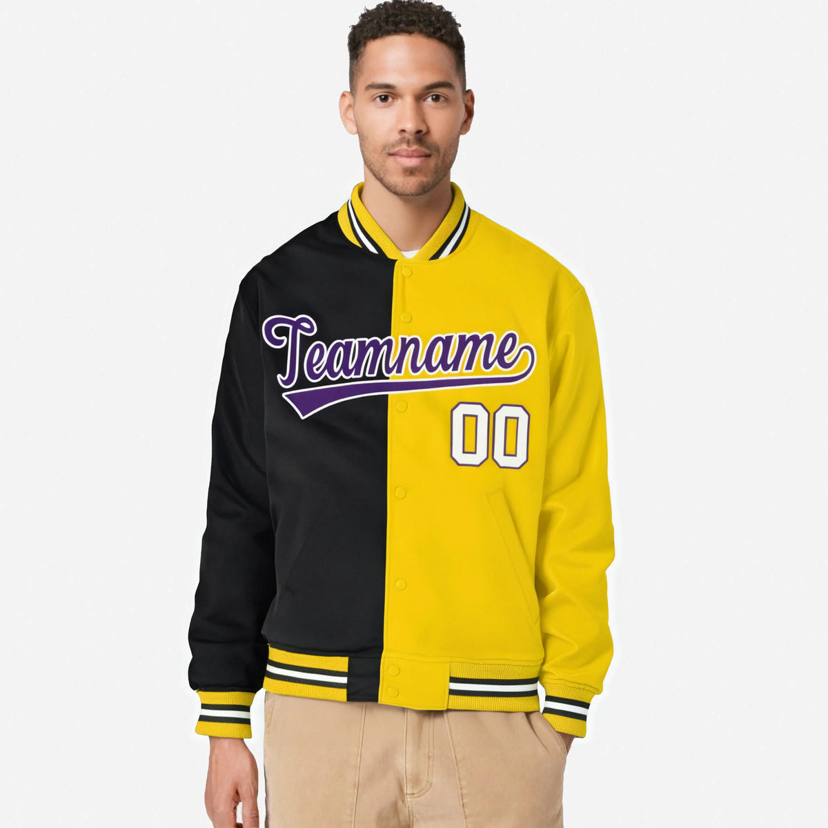 Custom Black Purple Yellow Bomber Full-Snap Varsity Letterman Split Fashion Jacket
