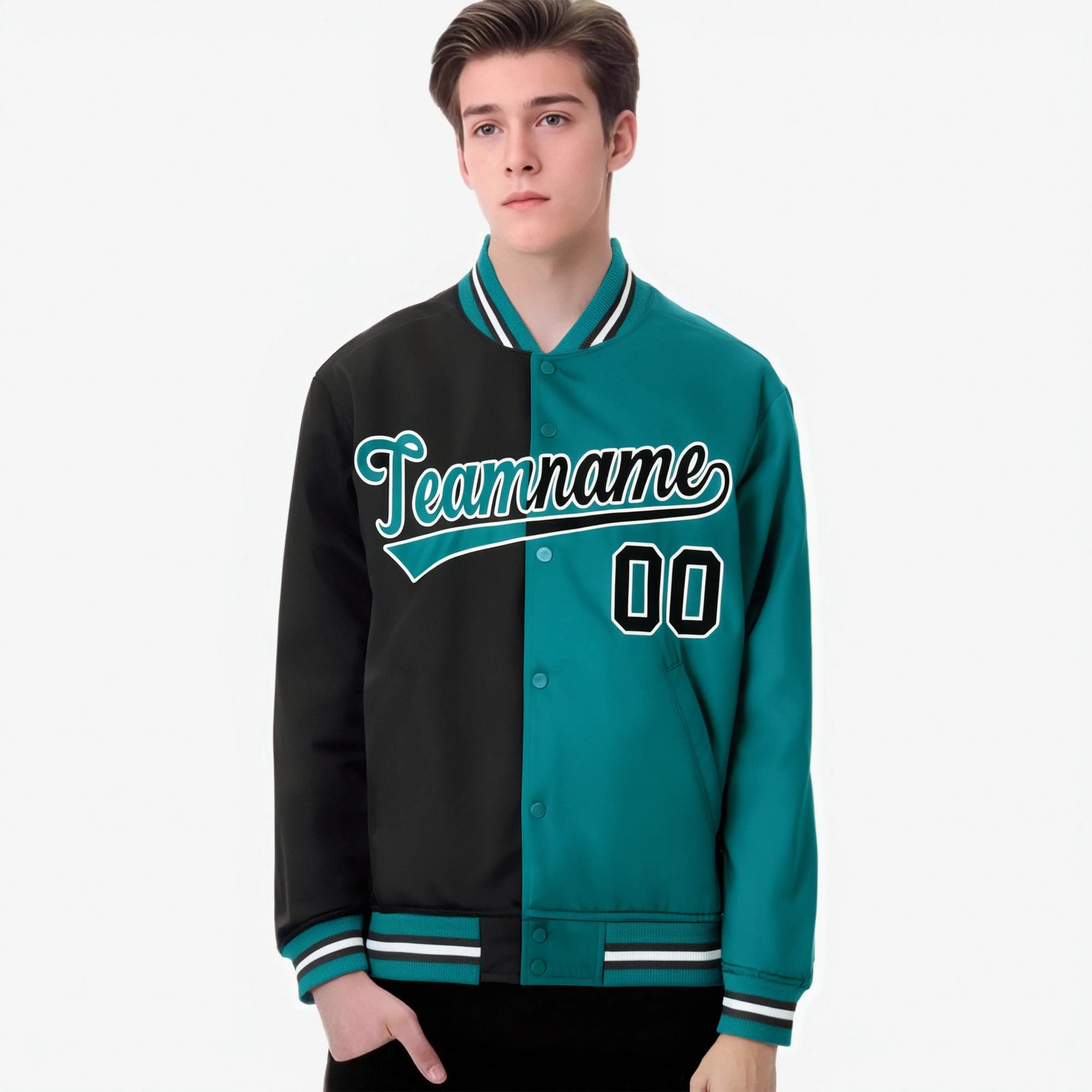 Custom Black White Aqua Bomber Full-Snap Varsity Letterman Split Fashion Jacket