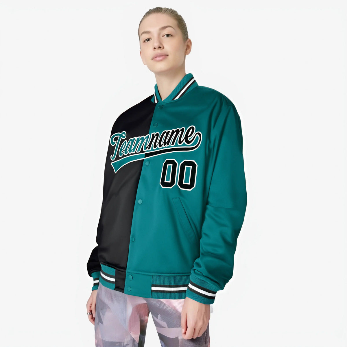 Custom Black White Aqua Bomber Full-Snap Varsity Letterman Split Fashion Jacket