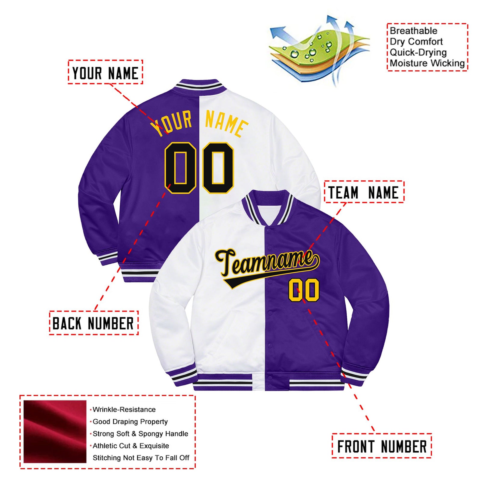 Custom White Purple Yellow Bomber Full-Snap Varsity Letterman Split Fashion Jacket