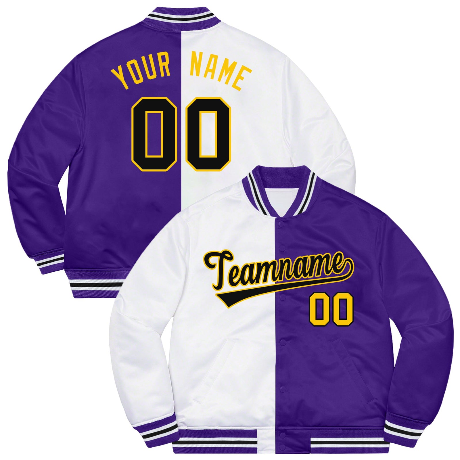 Custom White Purple Yellow Bomber Full-Snap Varsity Letterman Split Fashion Jacket