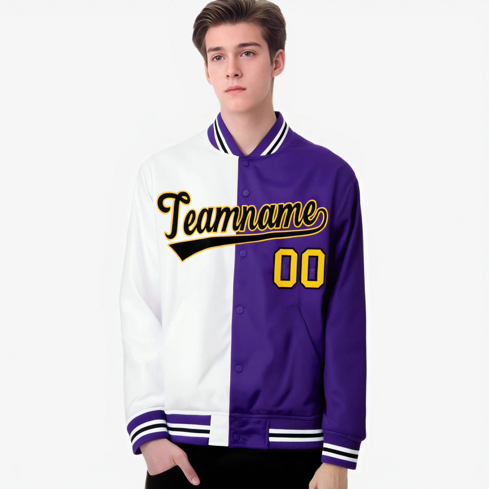 Custom White Purple Yellow Bomber Full-Snap Varsity Letterman Split Fashion Jacket