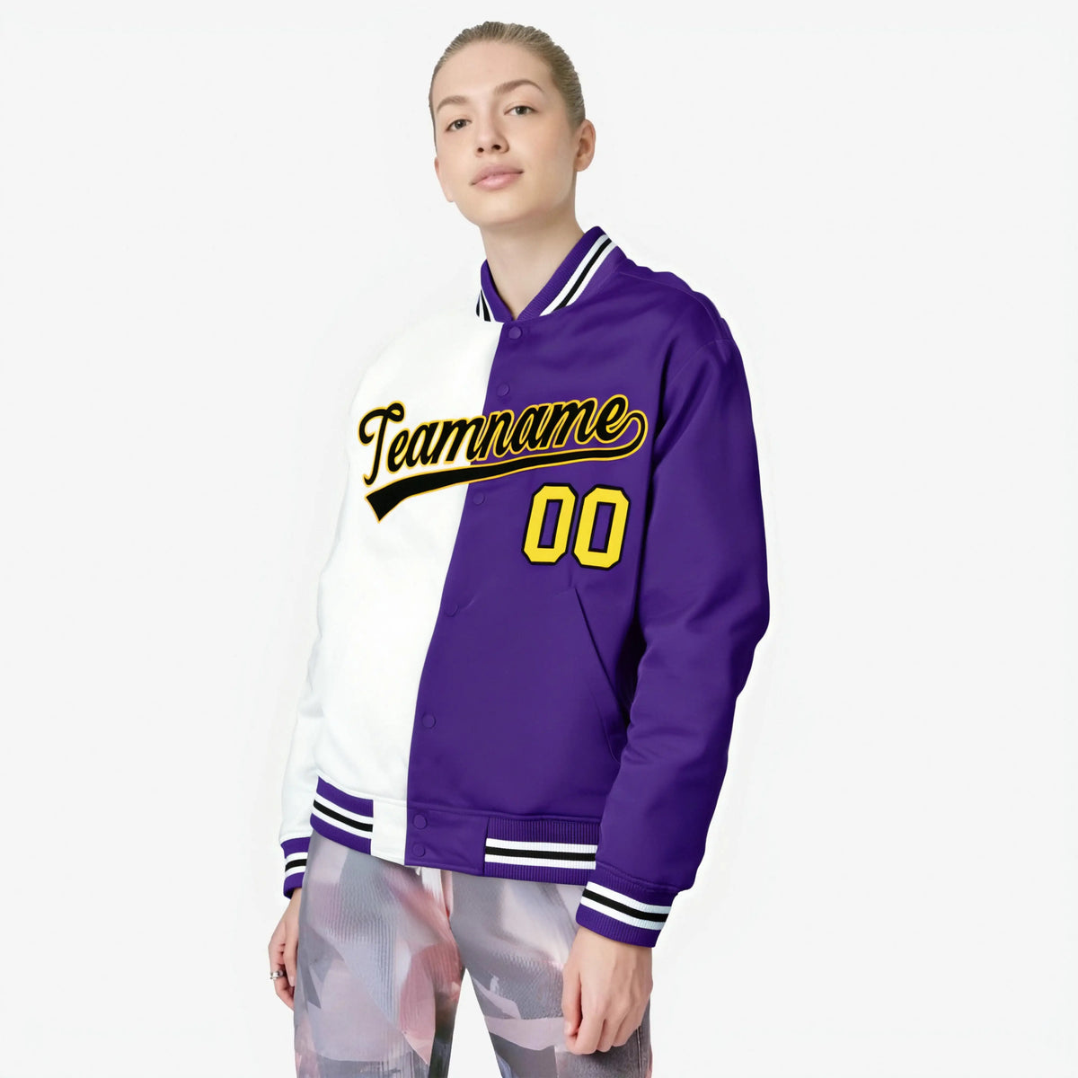 Custom White Purple Yellow Bomber Full-Snap Varsity Letterman Split Fashion Jacket