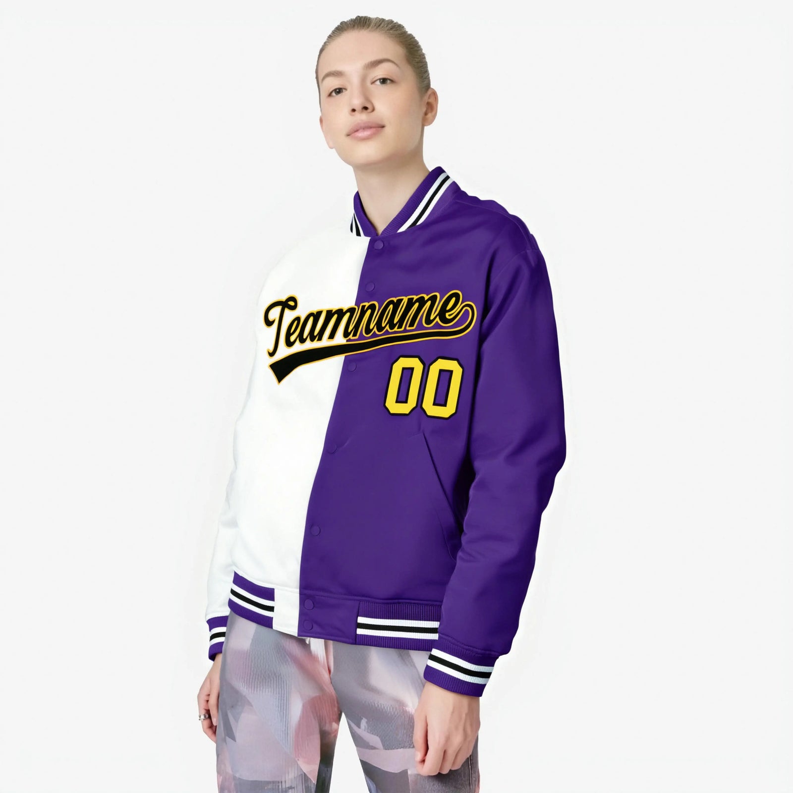 Custom White Purple Yellow Bomber Full-Snap Varsity Letterman Split Fashion Jacket