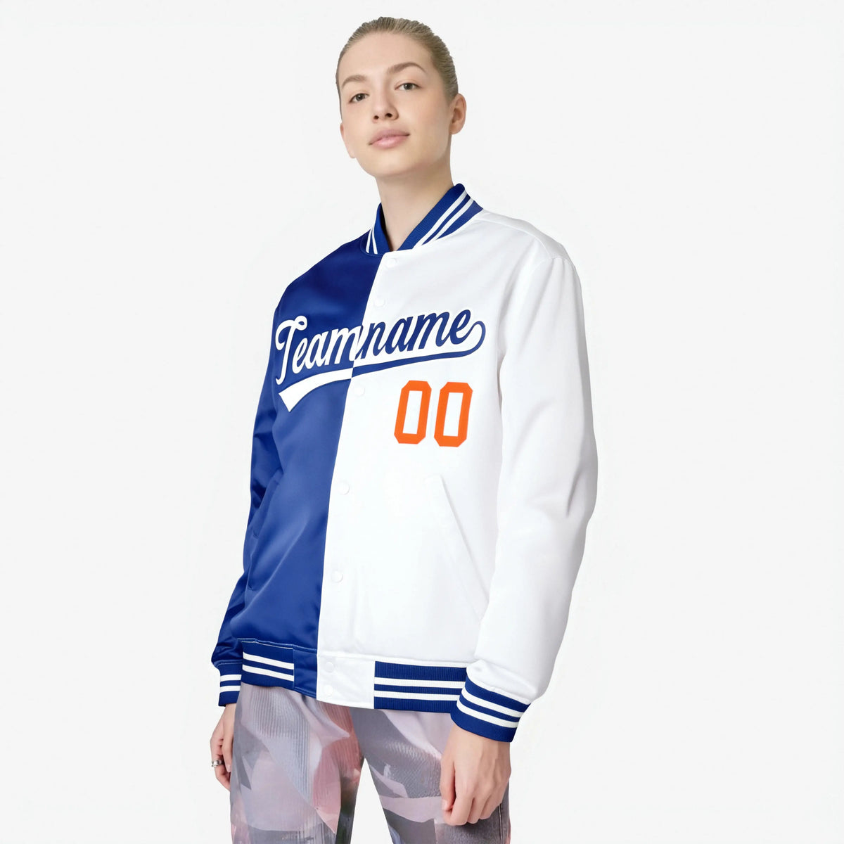 Custom Royal Blue Orange White Bomber Full-Snap Varsity Letterman Split Fashion Jacket